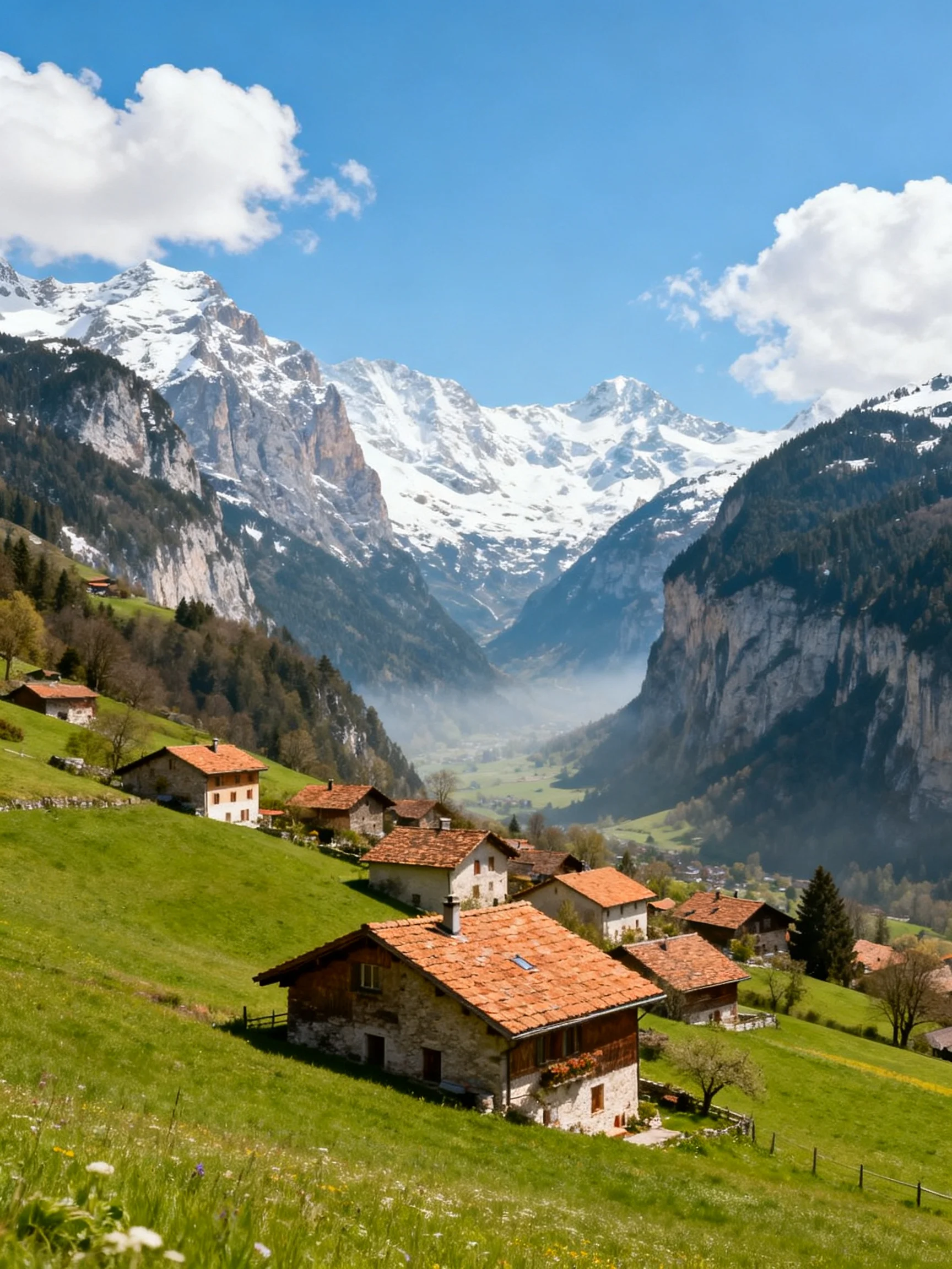 Terracotta-roofed cottages nestle in a valley beneath snow-capped mountains