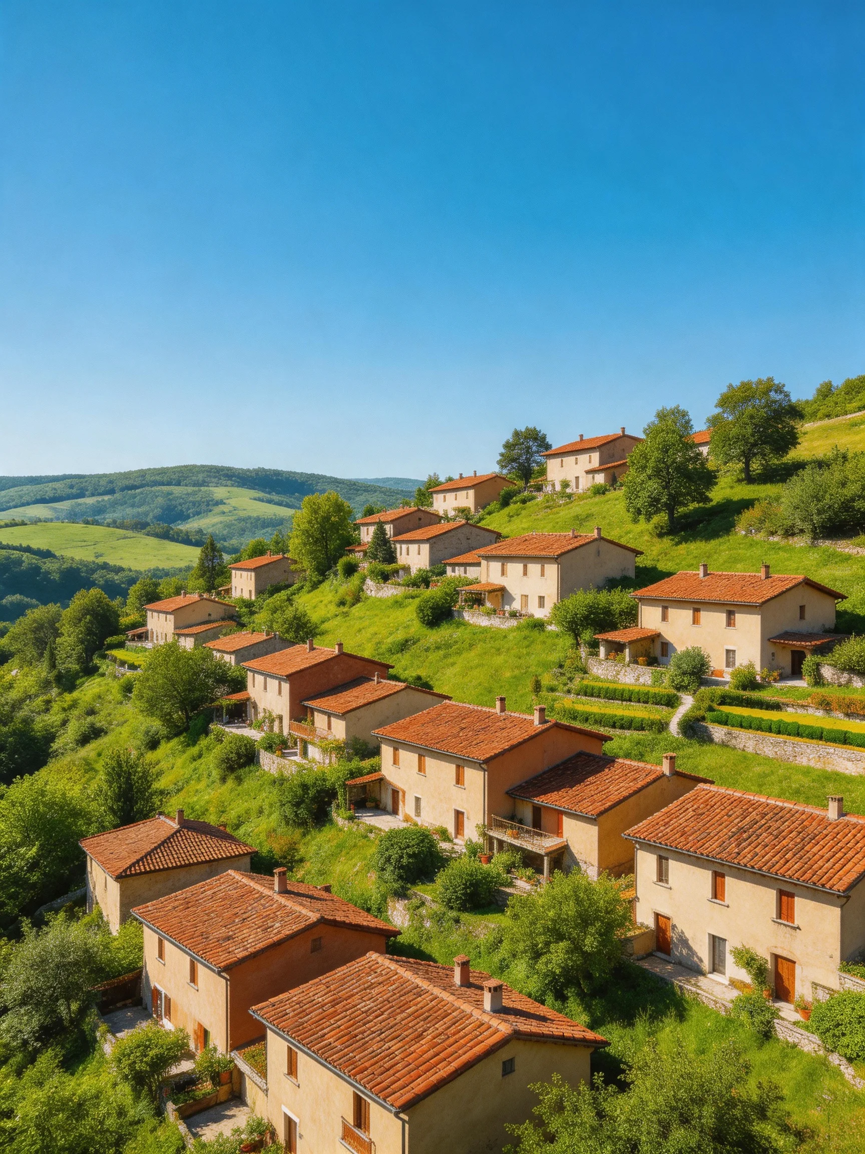 Terracotta-roofed homes scattered across lush green hillsides