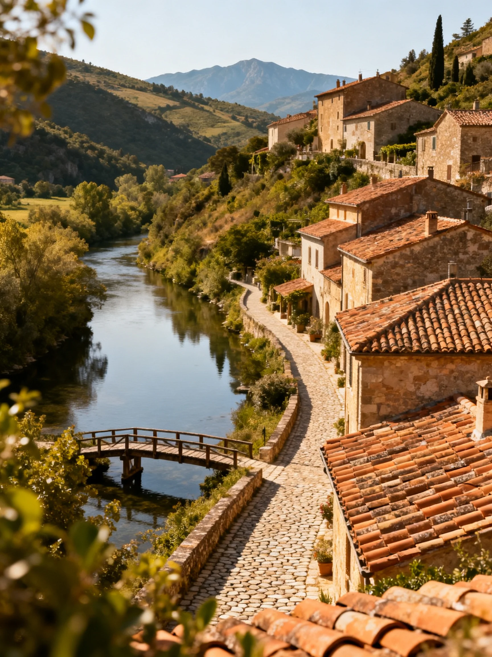 Terracotta-roofed village along a winding river with wooden bridge