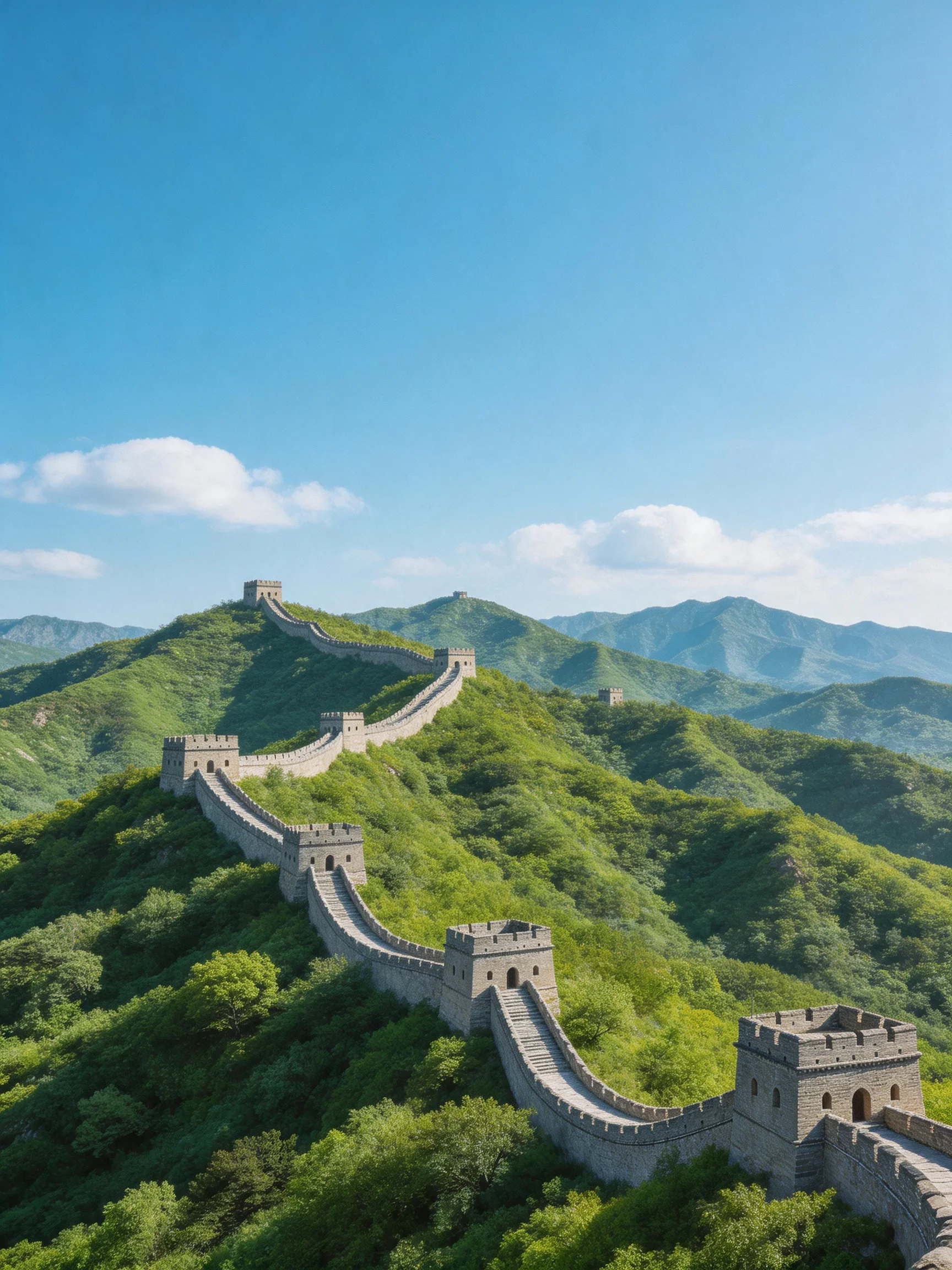 The Great Wall winding through lush green mountains under bright blue skies