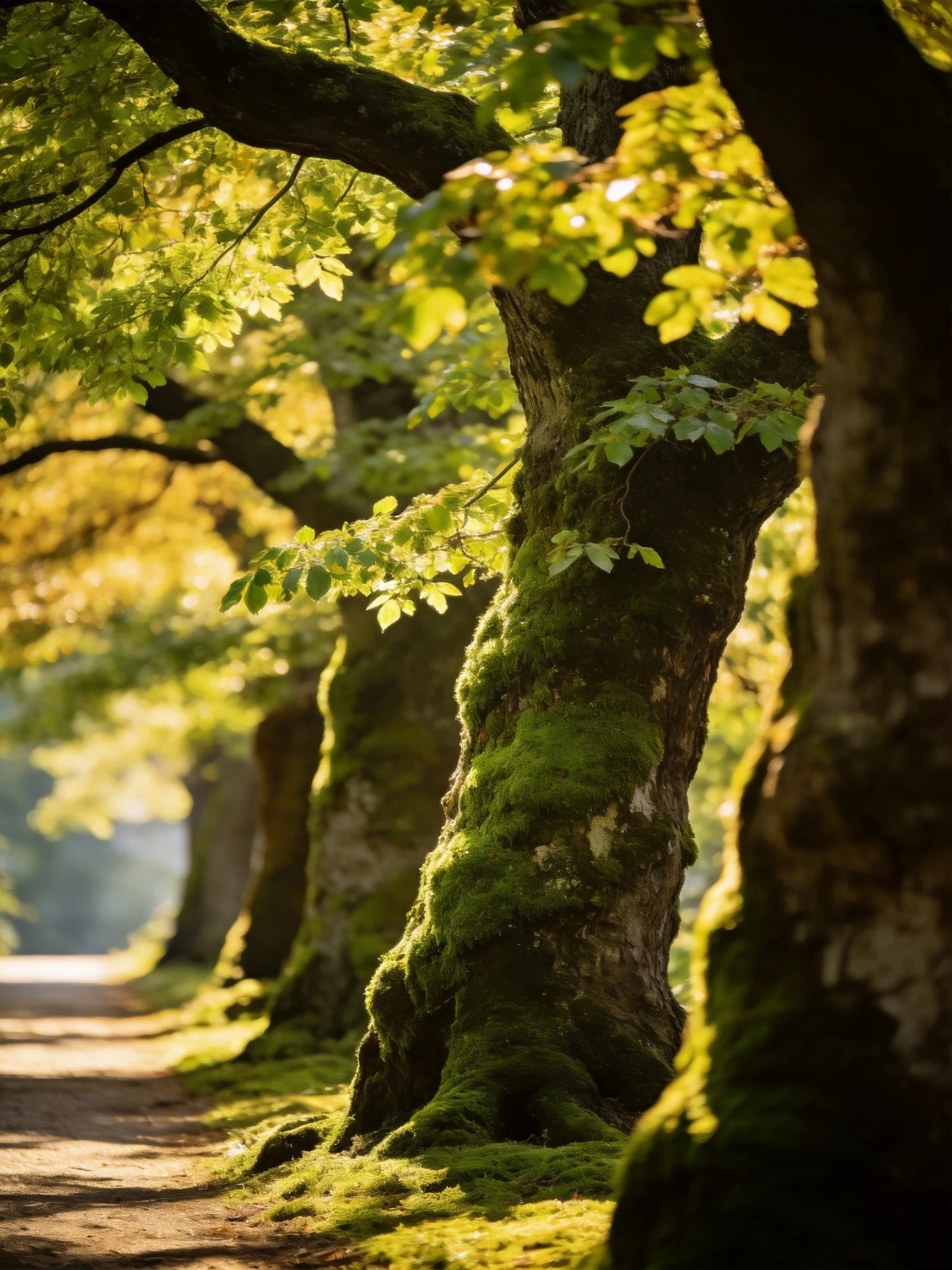 The ancient trees have thick trunks blanketed in vibrant green moss, adding rich texture to
