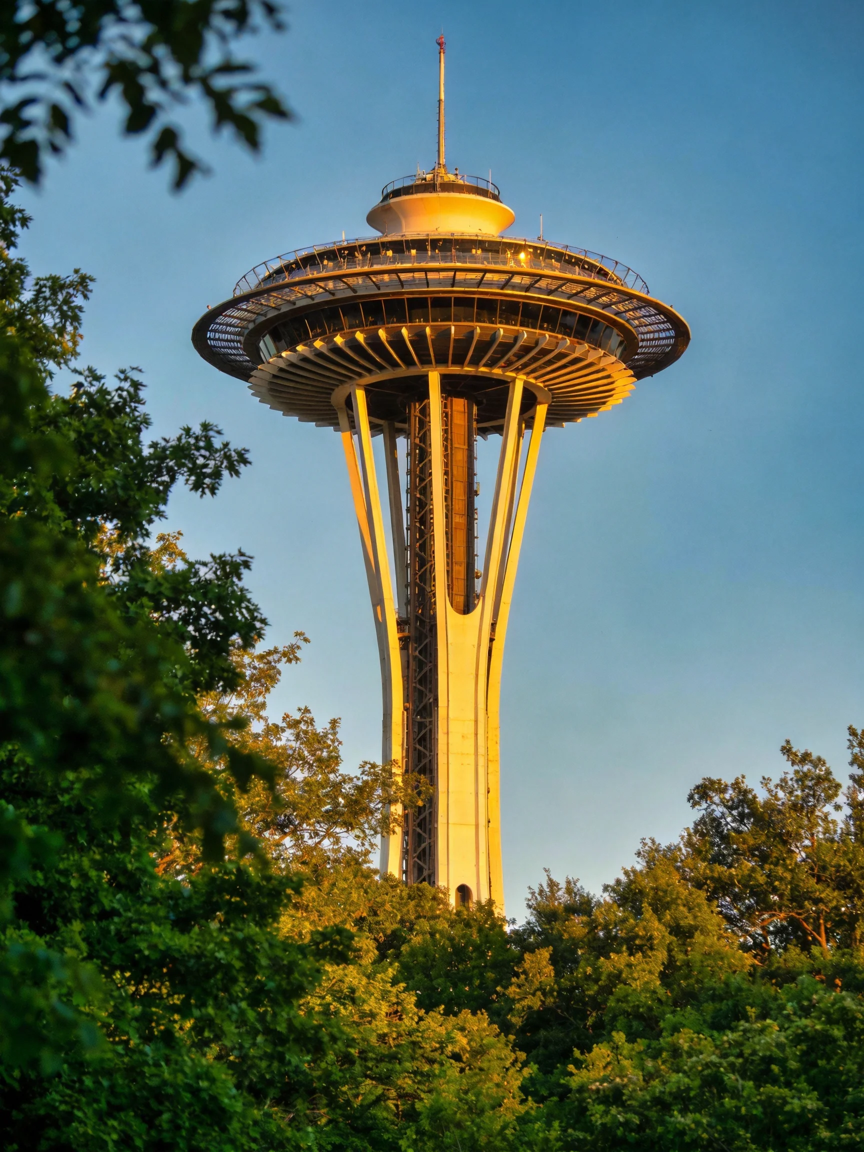 The iconic Space Needle tower bathed in golden light amid lush greenery