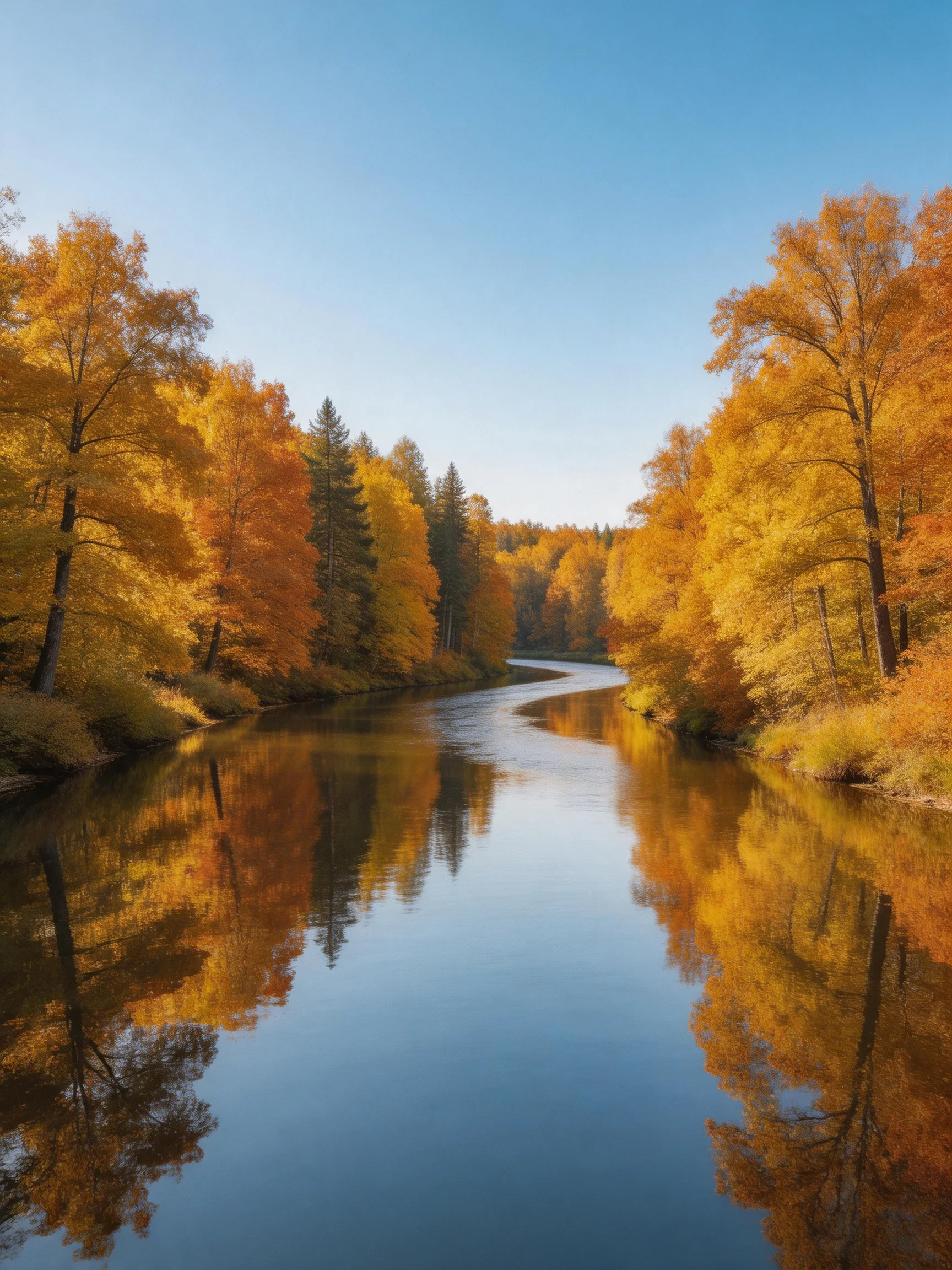 The image shows a serene river winding through an autumn forest, where trees display rich