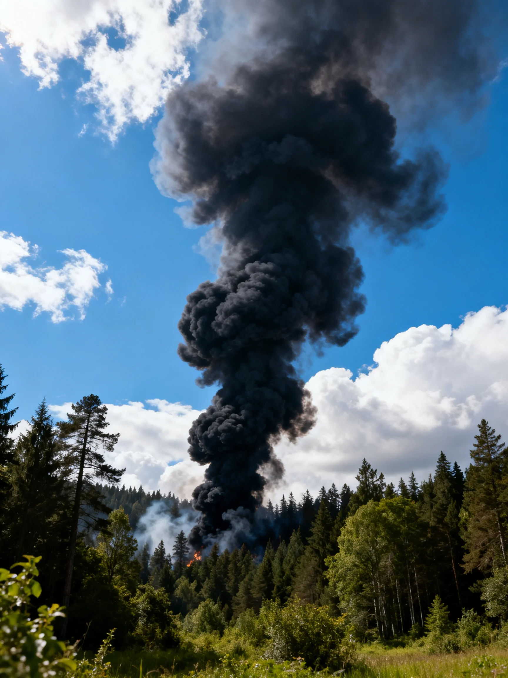 Thick Black Smoke Rising From Forest Under Bright Blue Sky