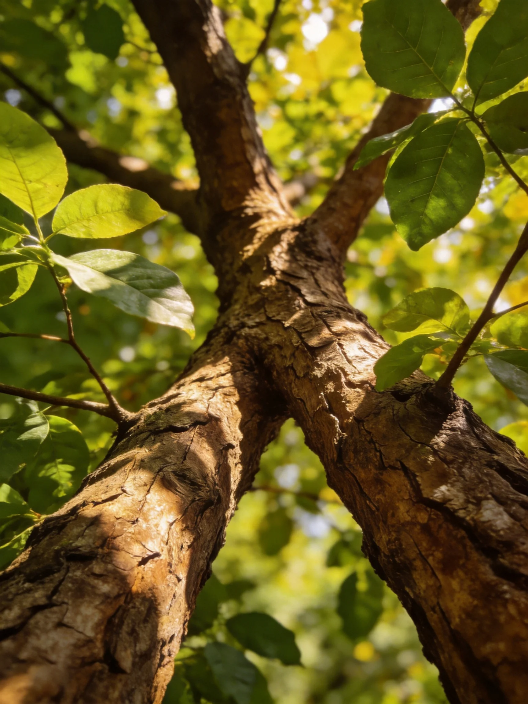 Thick brown tree trunks with vibrant green foliage under sunlight