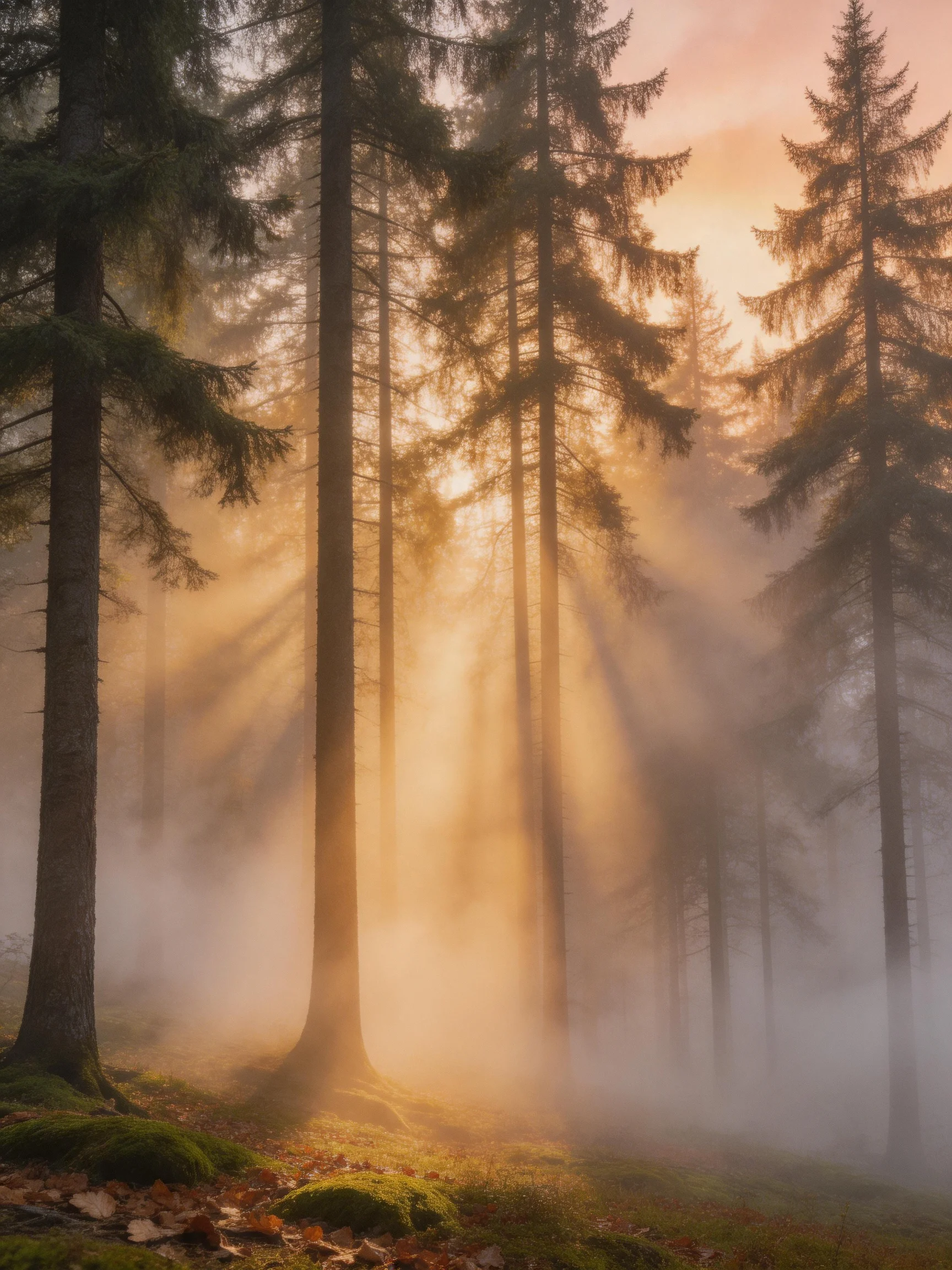 Thickly misted forest with tall evergreen trees lit by golden sunlight