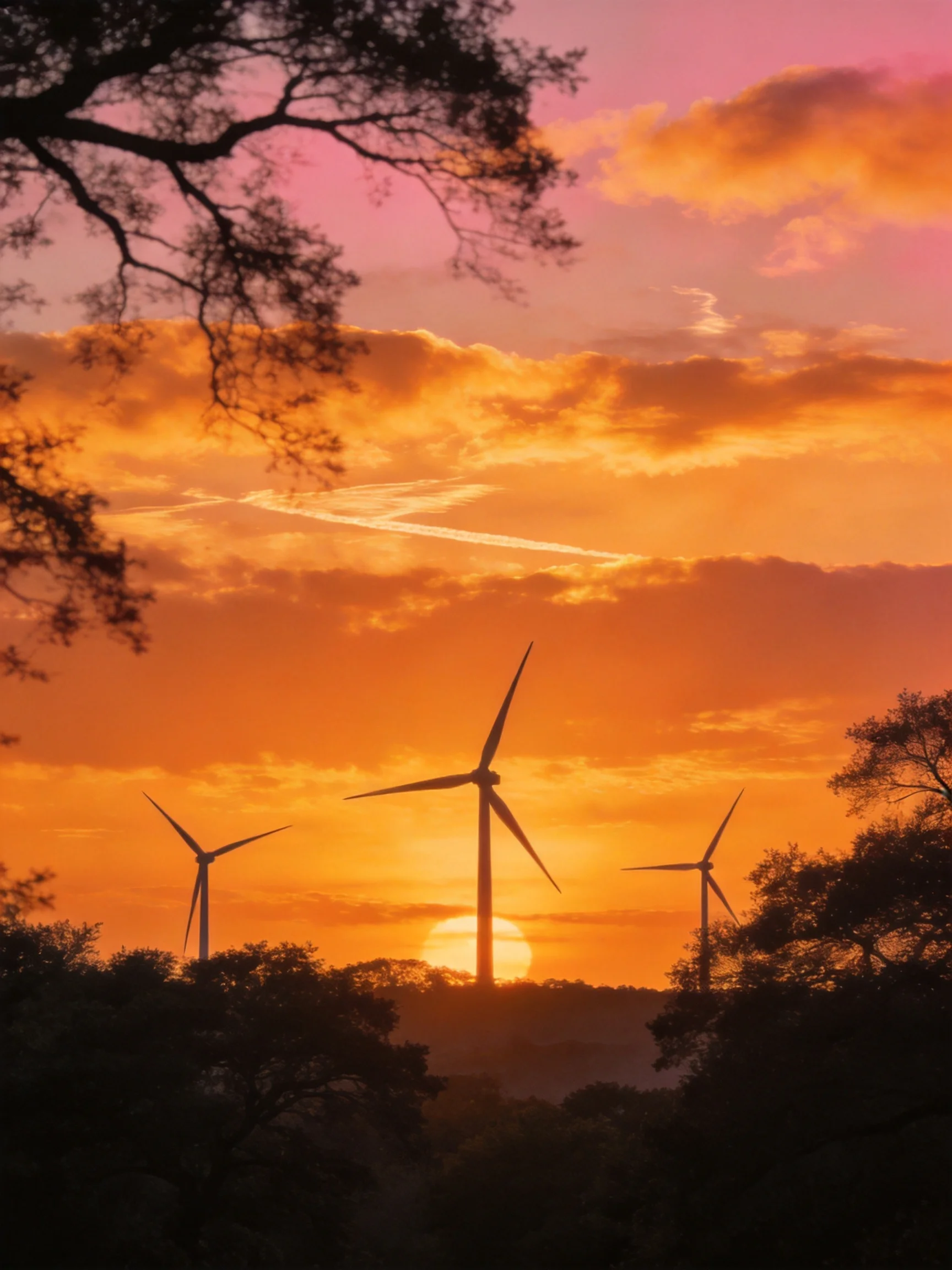 Three Wind Turbines Silhouetted Against a Vibrant Sunset Sky