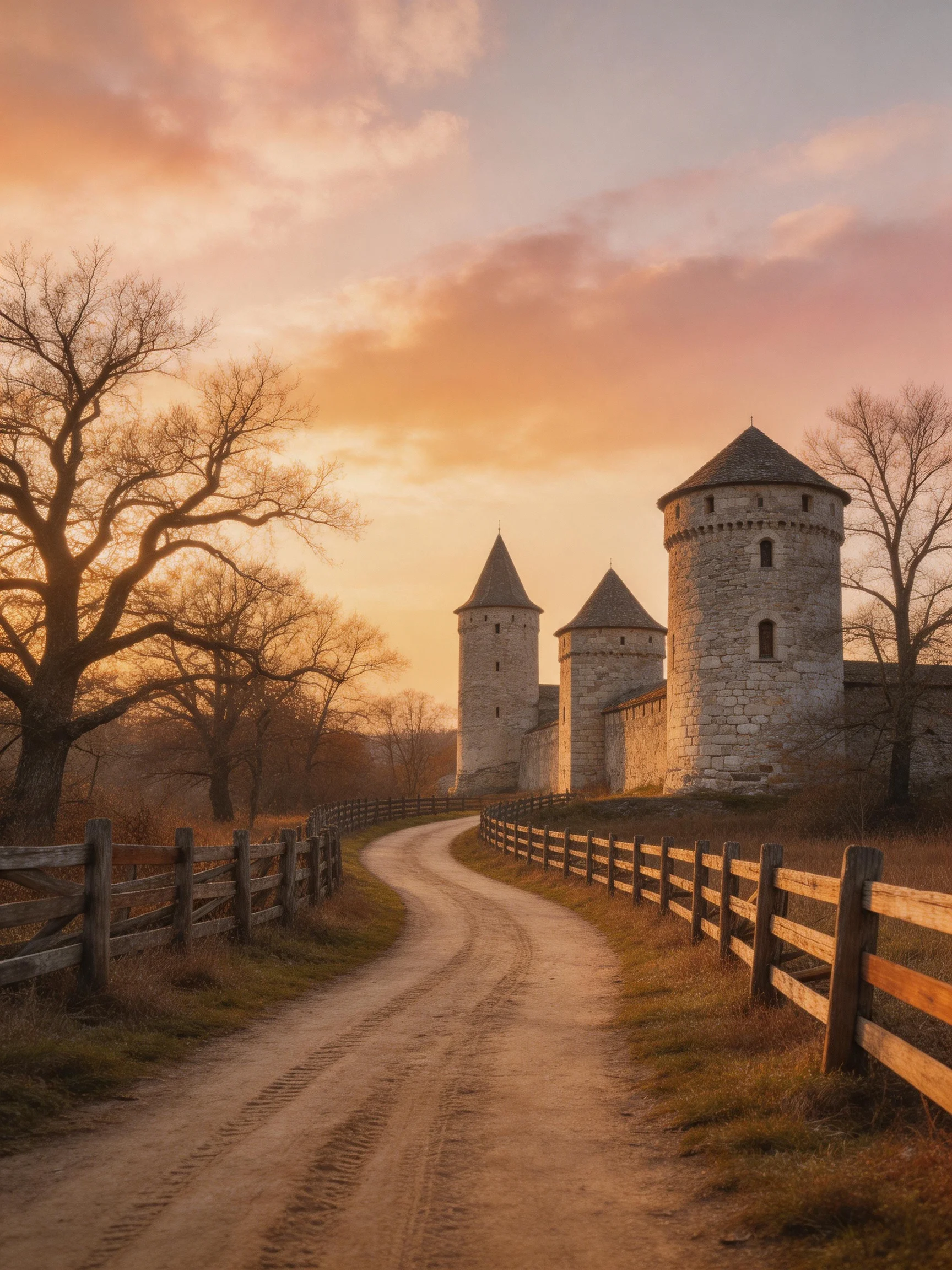 Three ancient stone towers beside a winding dirt road at sunset