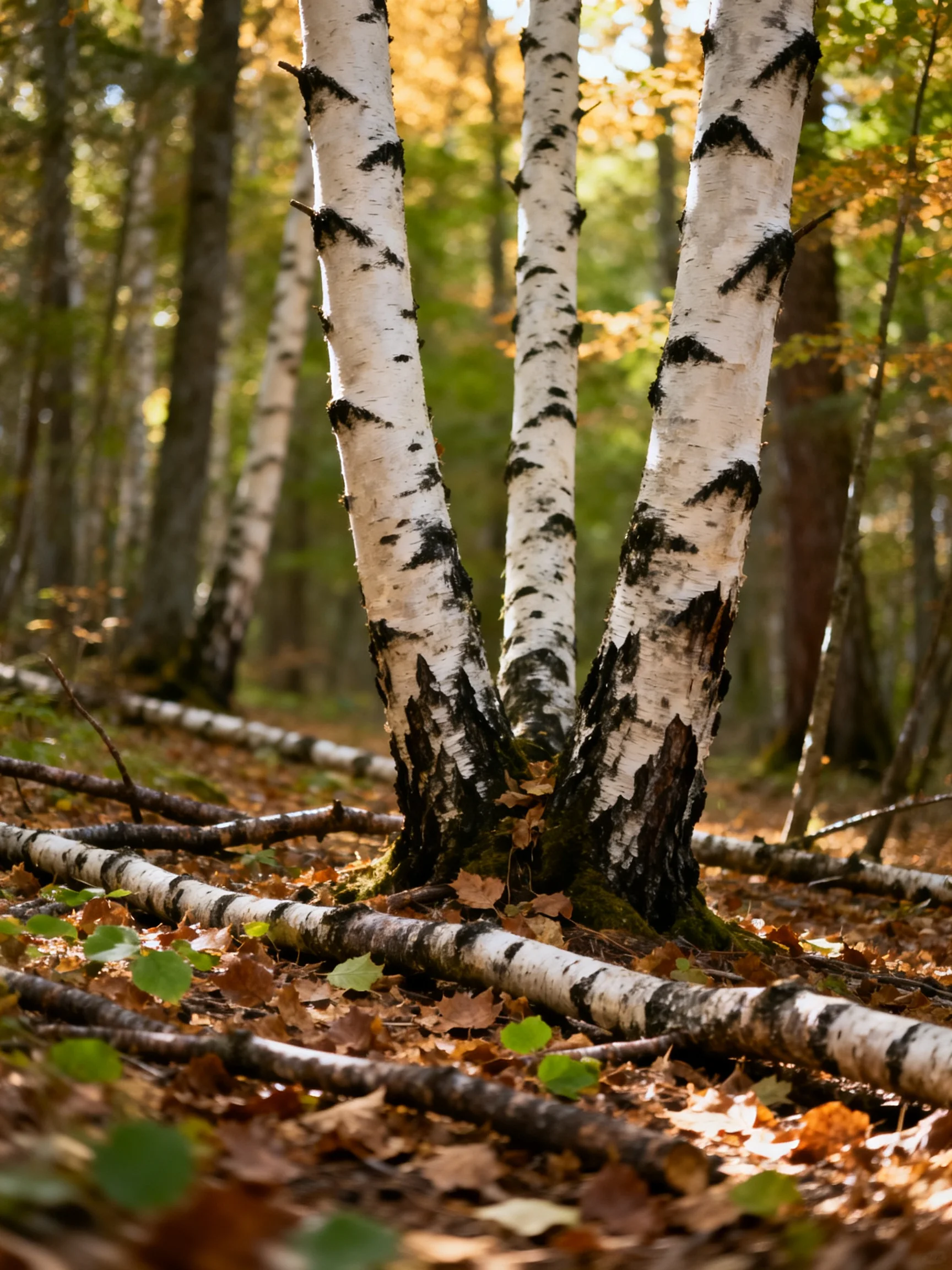 Three birch tree trunks stand among fallen branches and autumn leaves