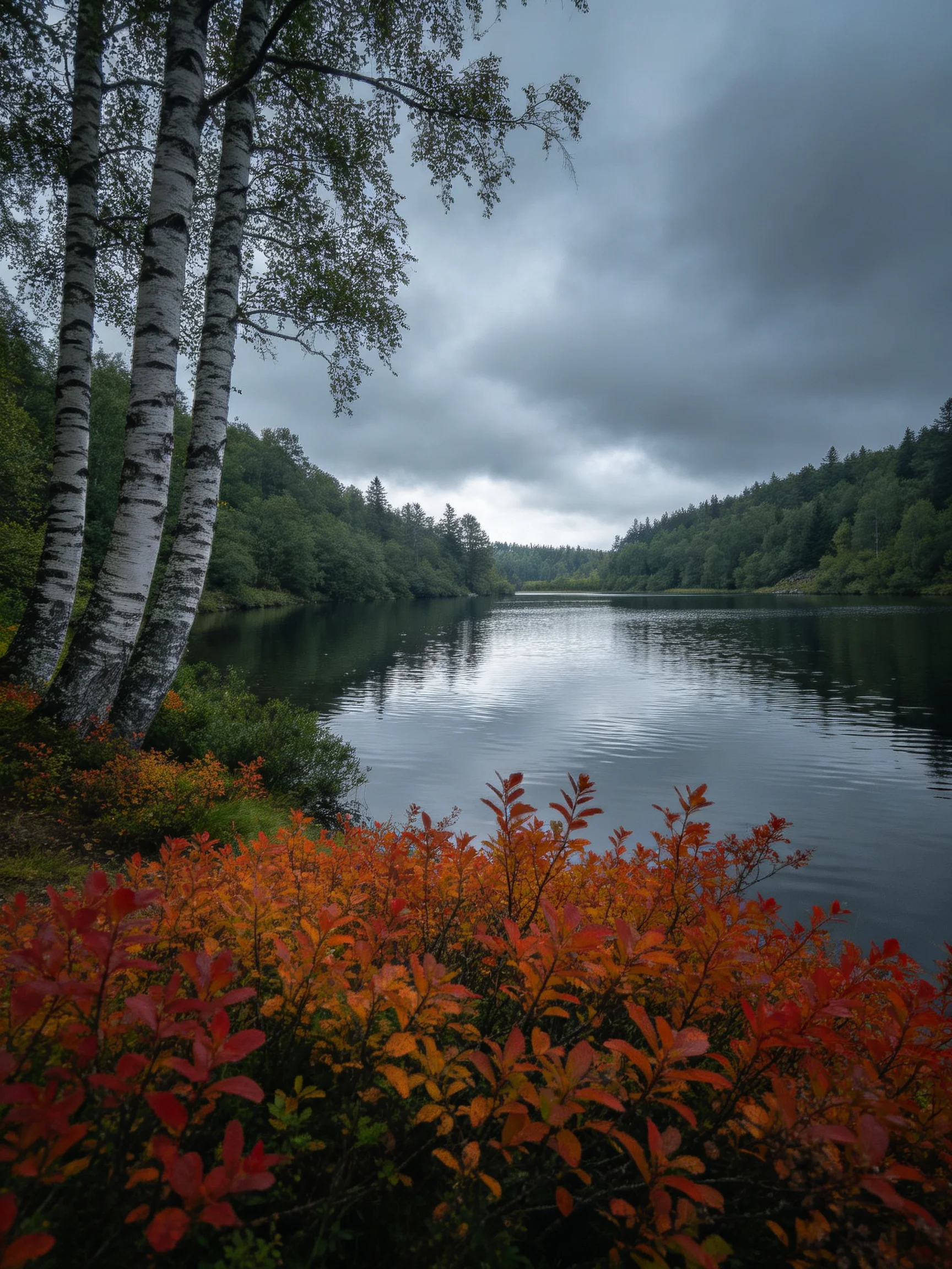 Three birch trees beside a calm lake with colorful autumn vegetation