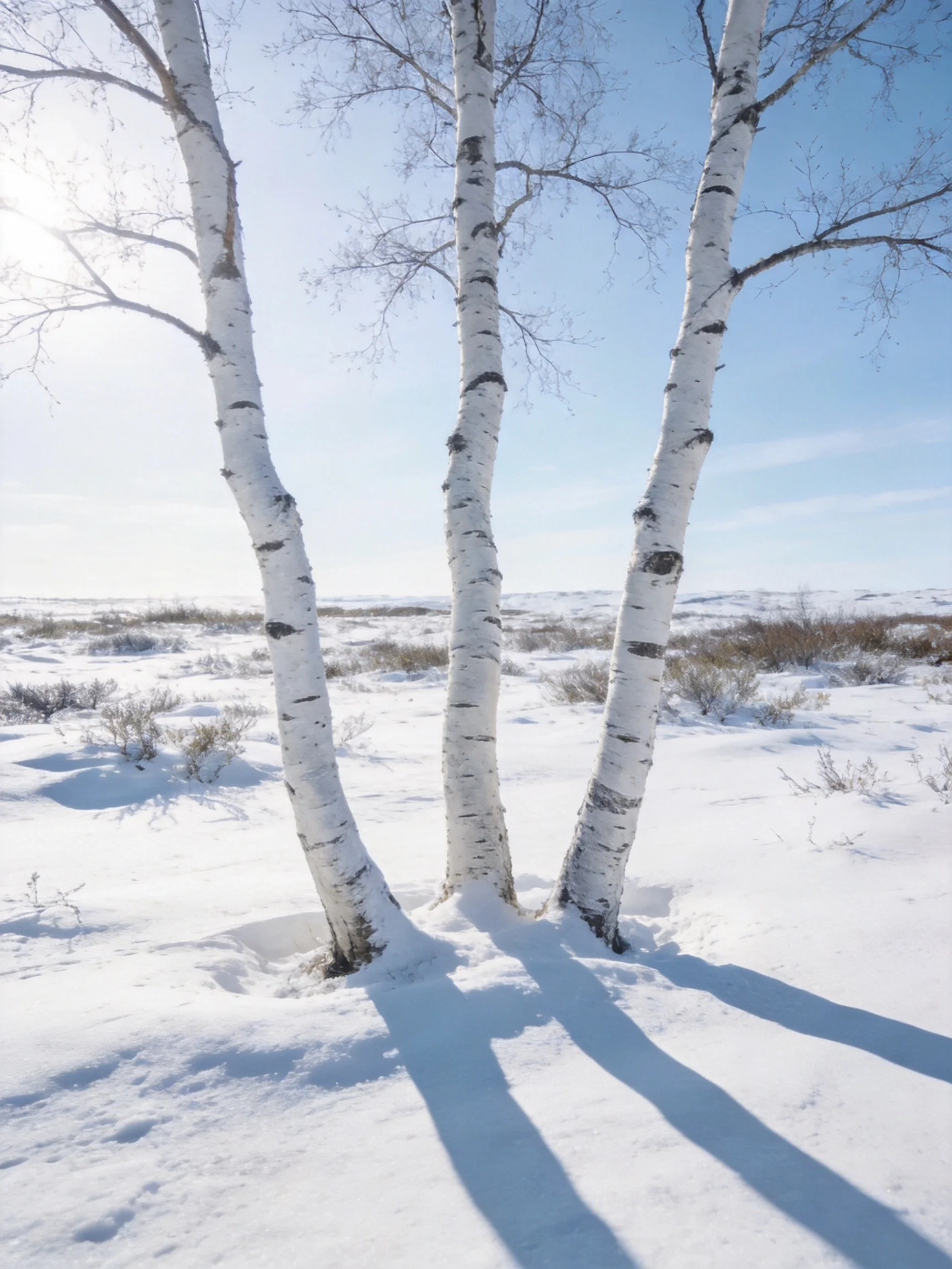 Three birch trees with white bark in a snowy landscape