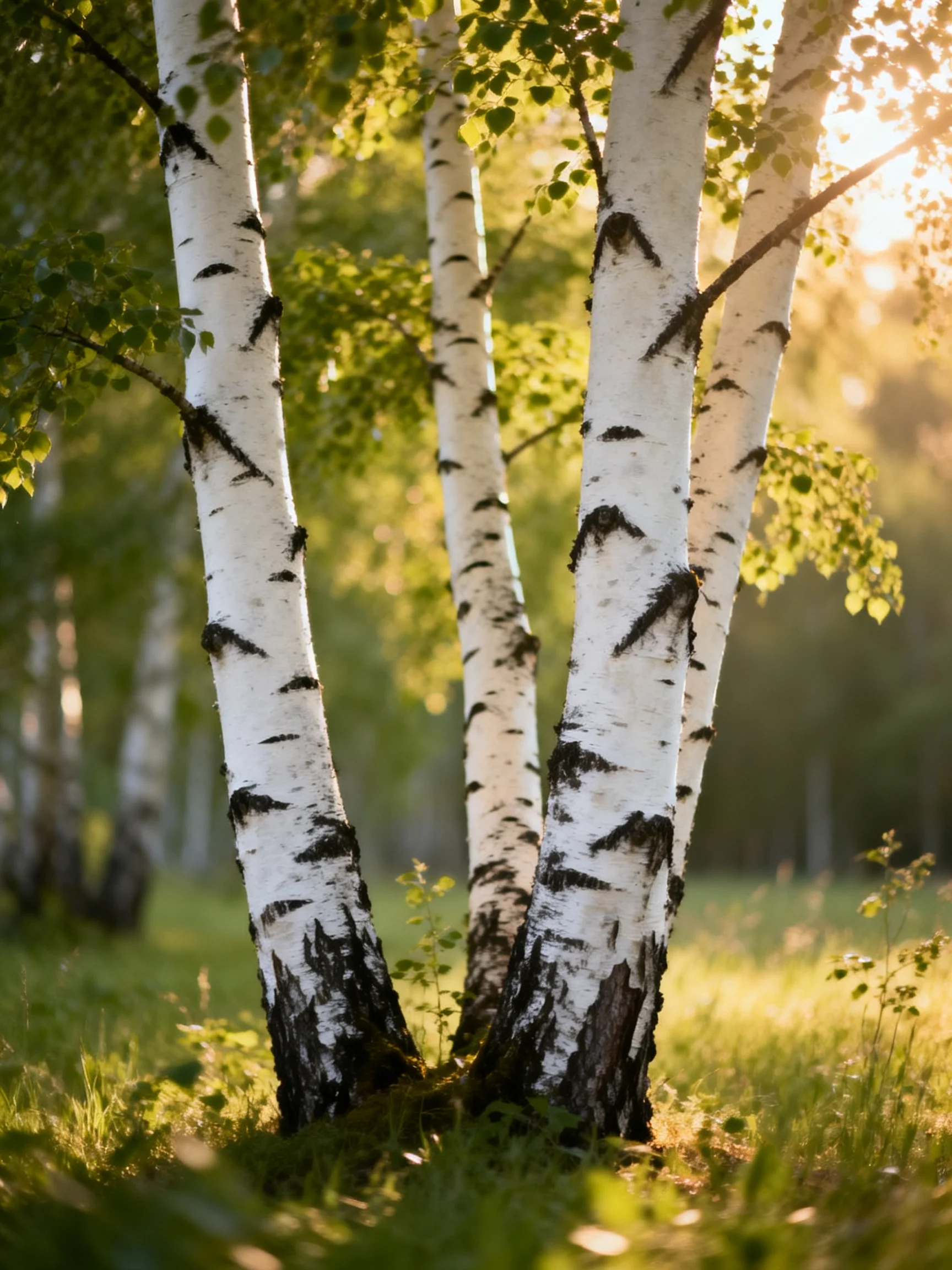 Three birch trees with white bark stand in a sun-dappled forest glade