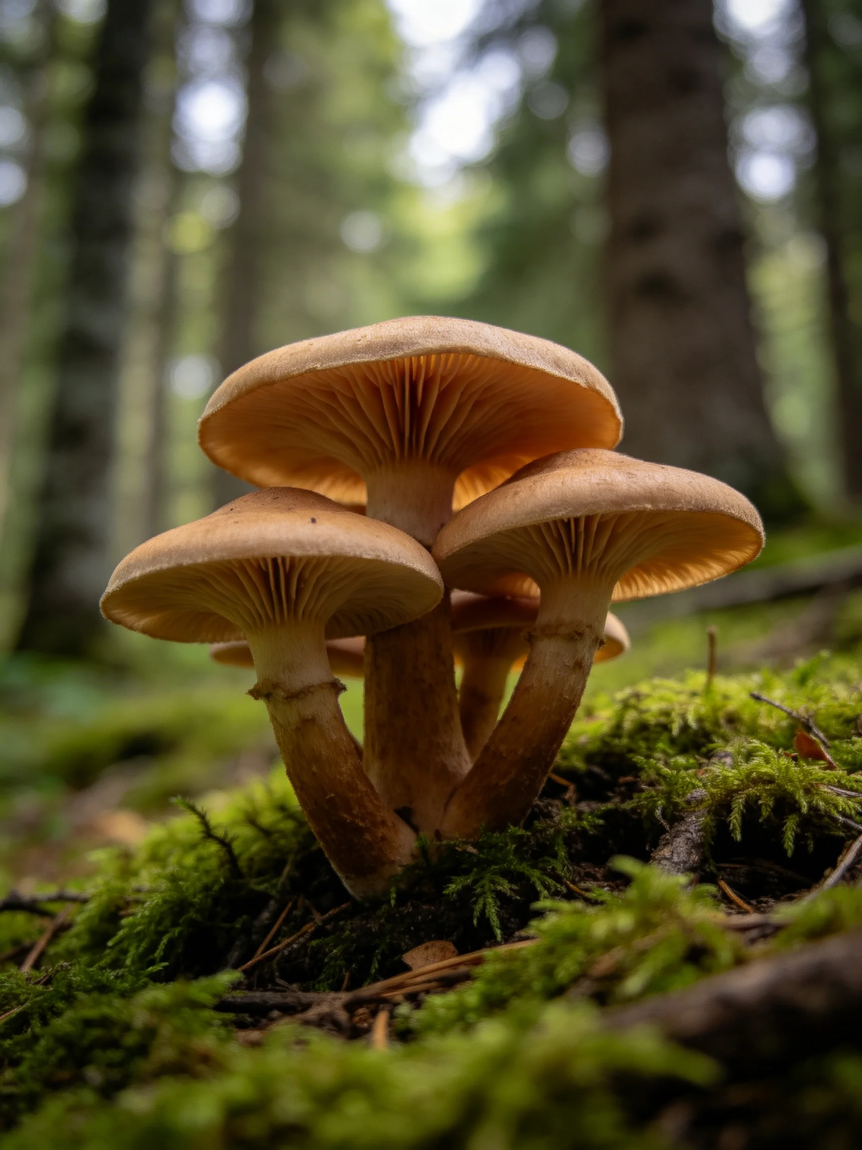 Three brown-capped mushrooms cluster among vibrant green moss in a sun-dappled forest
