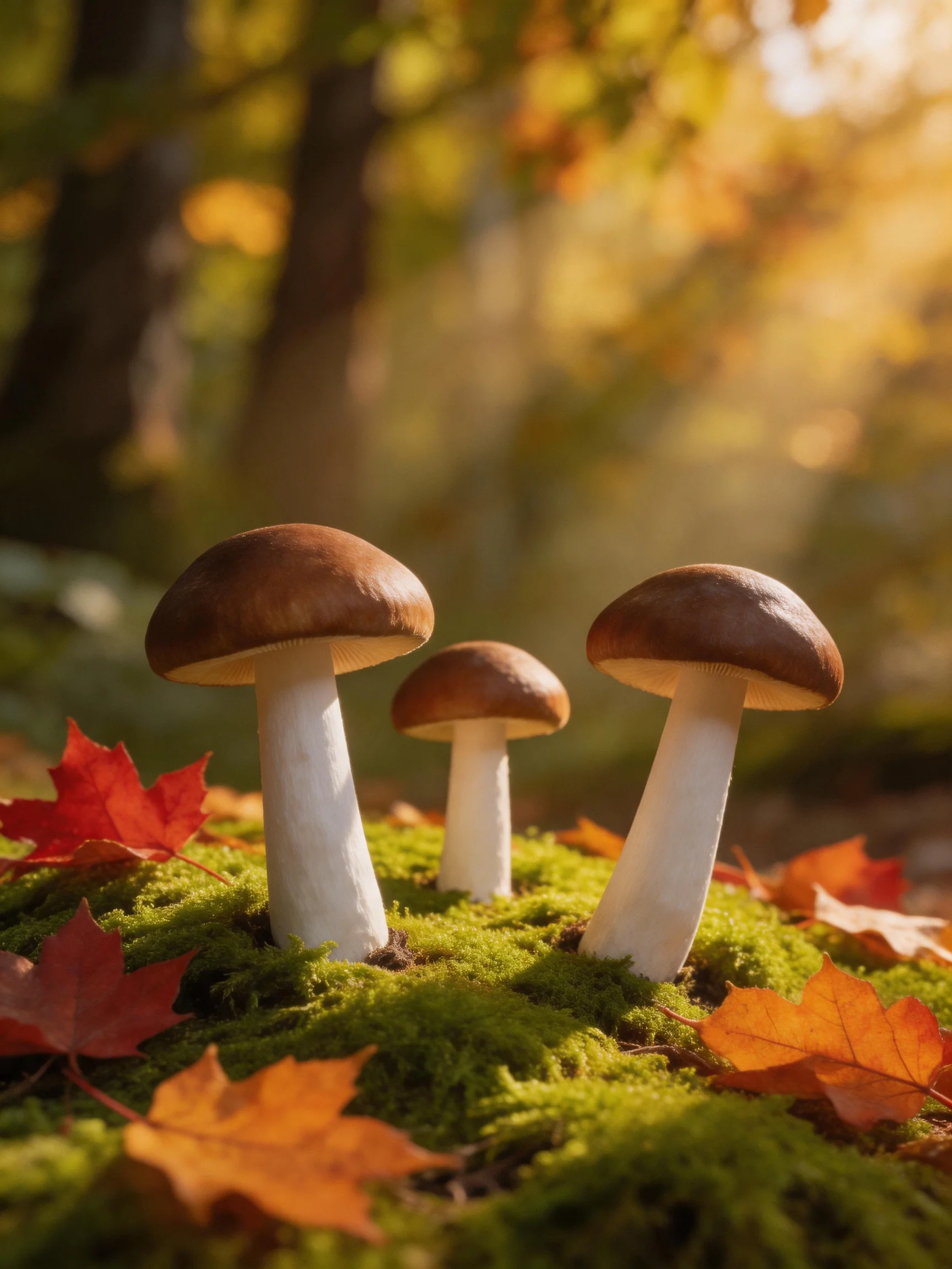 Three brown-capped mushrooms on moss amid autumn leaves
