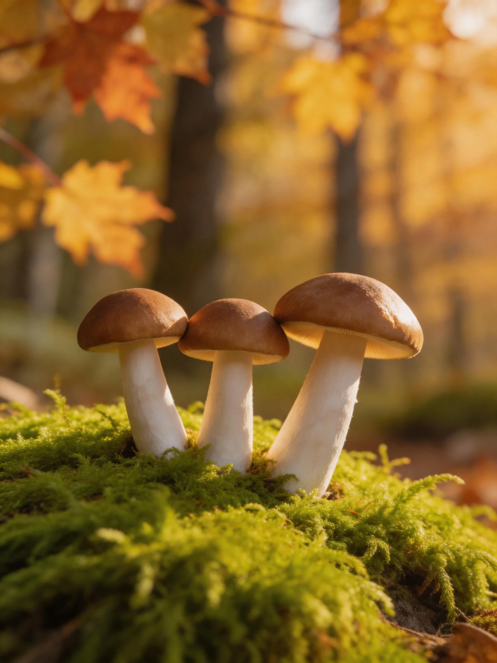 Three brown-capped mushrooms stand on lush green moss amid golden autumn foliage