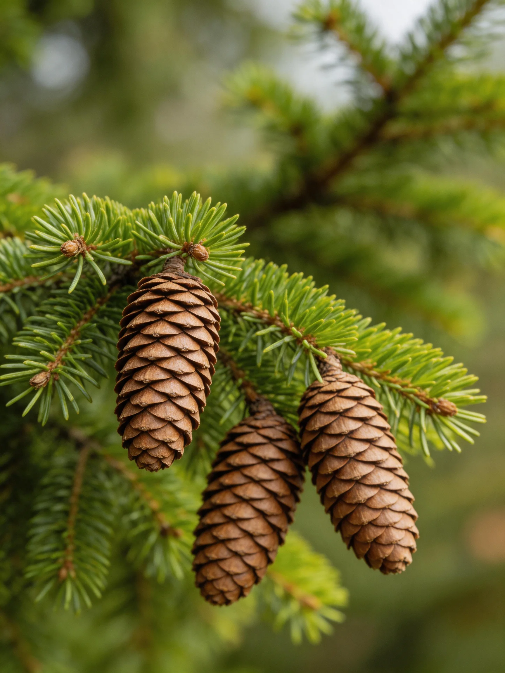 Three brown pine cones attached to lush green evergreen branches