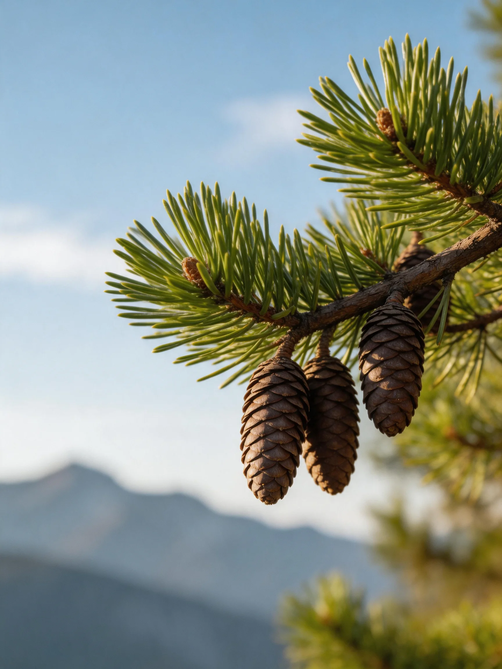 Three brown pine cones hang from a branch with green needles near misty mountains