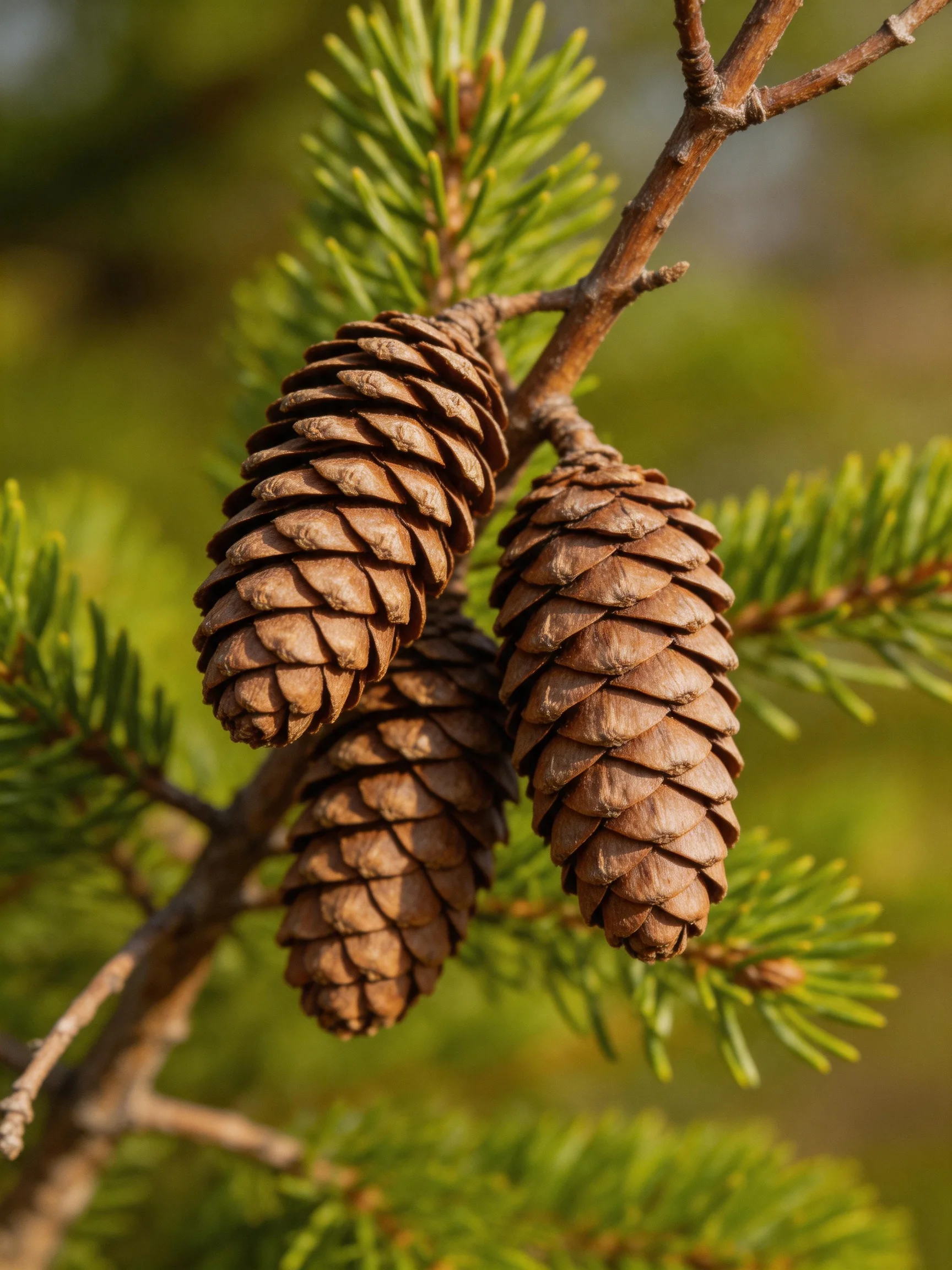Three brown pine cones hang from a branch with vibrant green needles