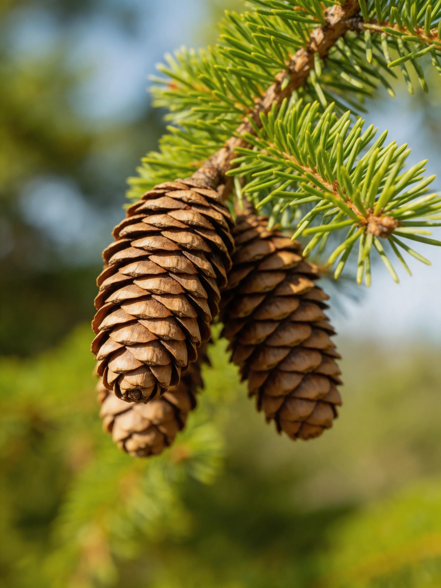 Three brown pine cones hang from vibrant green evergreen branches