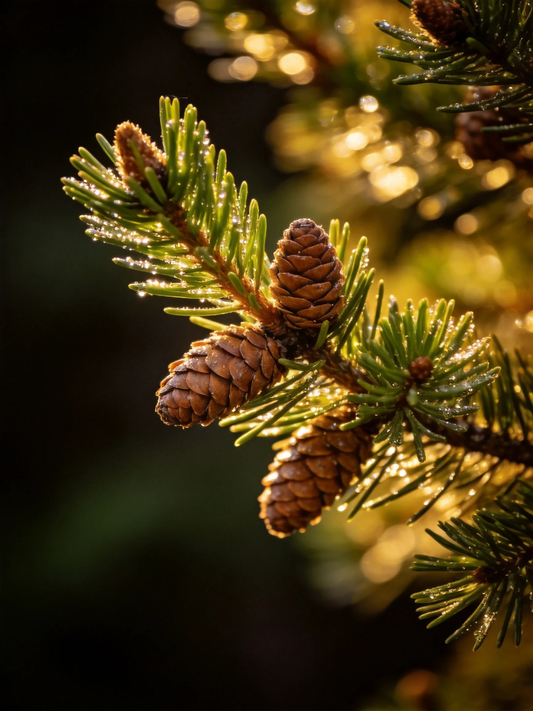 Three brown pine cones on green evergreen branches with golden sunlight