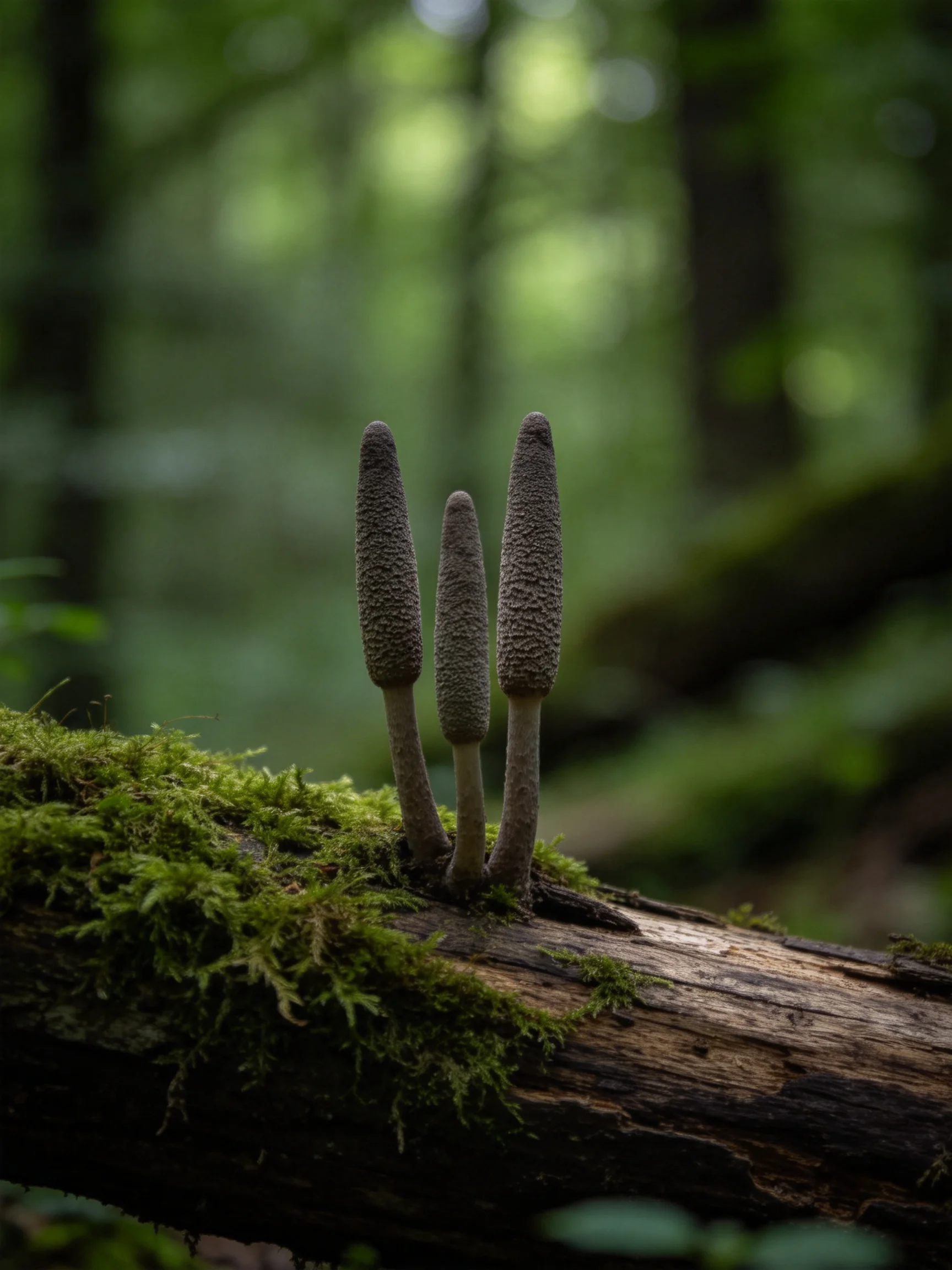 Three cone-shaped fungi emerge from a moss-covered fallen tree trunk