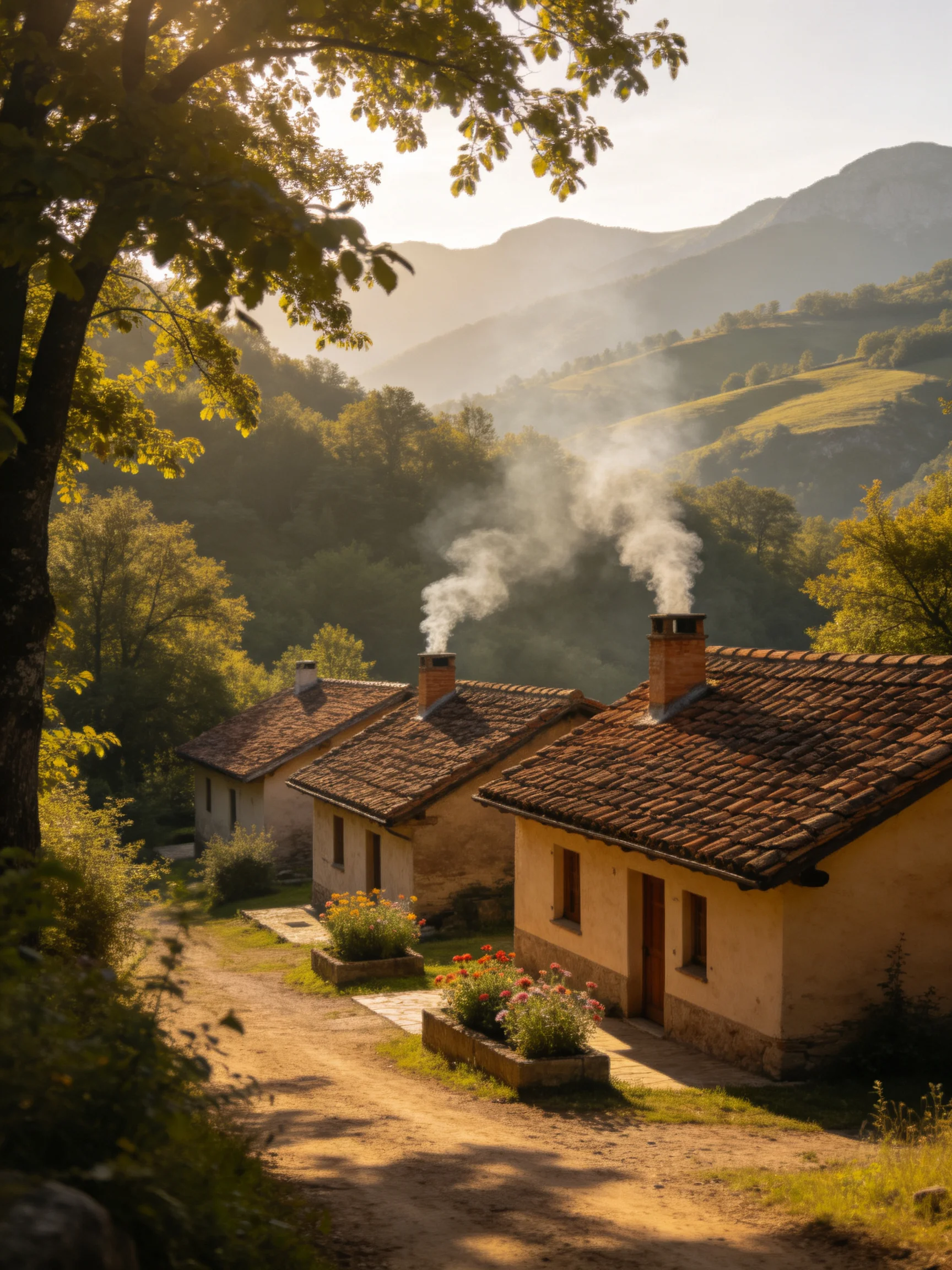 Three earth-toned cottages with smoking chimneys near rolling green hills