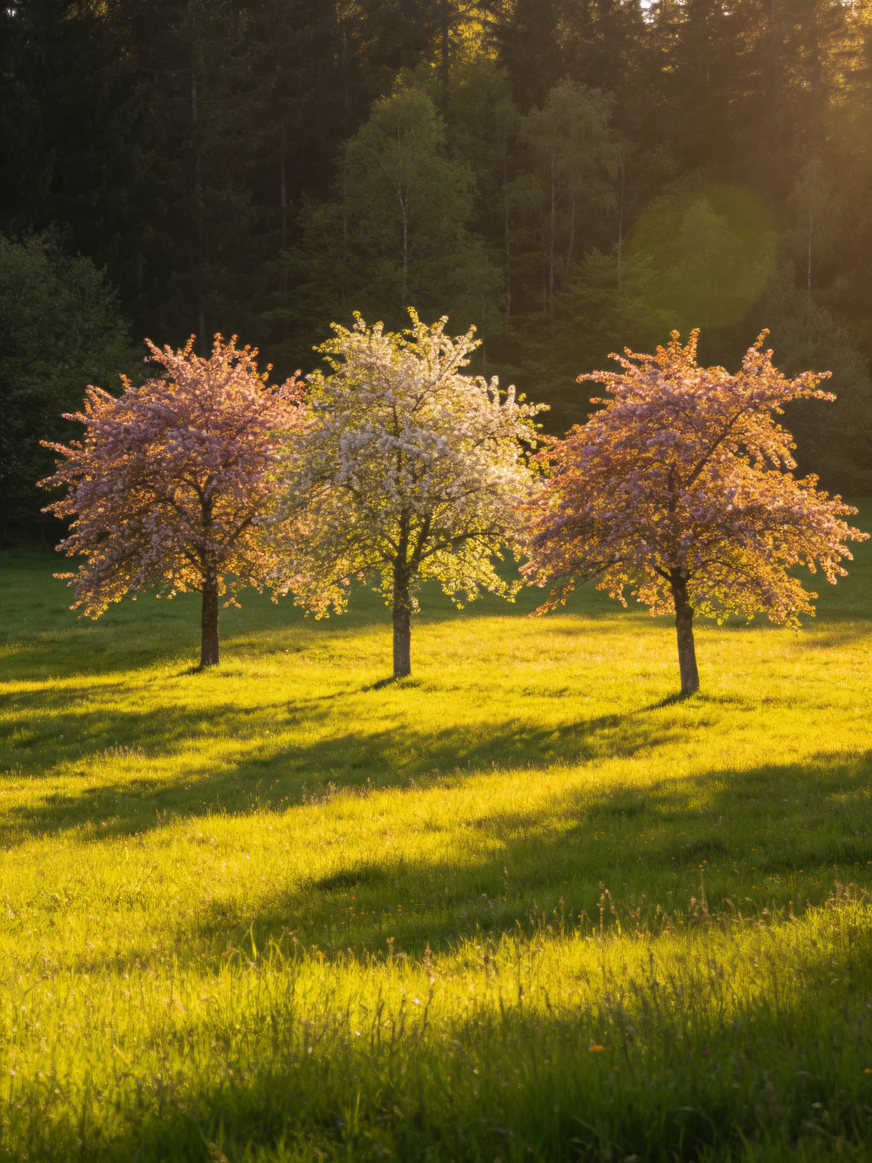 Three flowering trees bloom in a sun-drenched meadow with forest backdrop