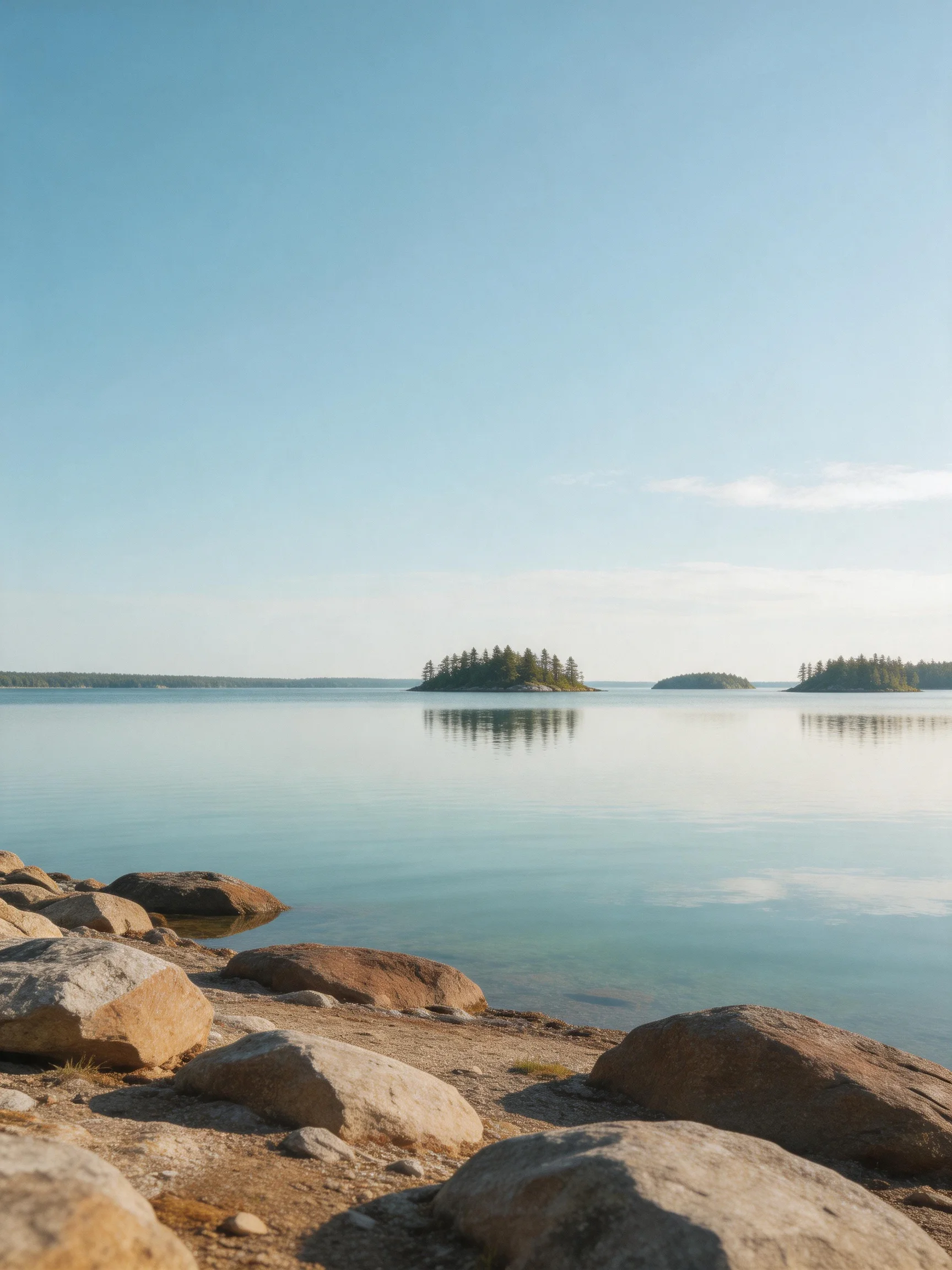 Three forested islandsfloat on calm turquoise waters near rocky shores