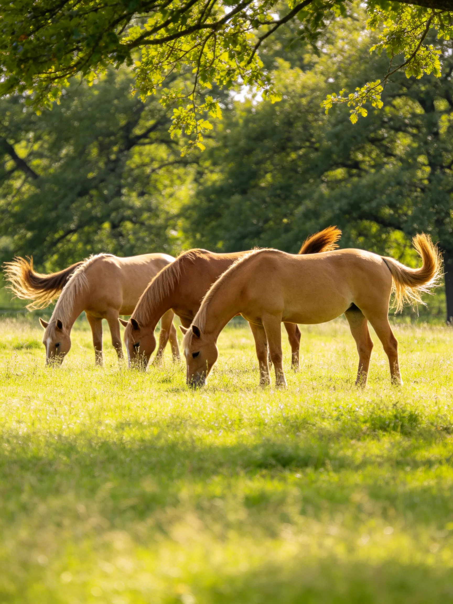 Three golden-hued horses graze in a sunlit green meadow