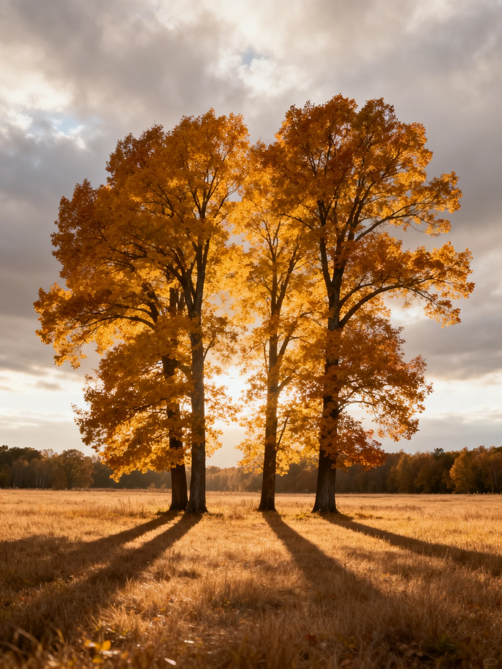 Three golden-hued trees in an autumnal open field beneath a cloudy sky