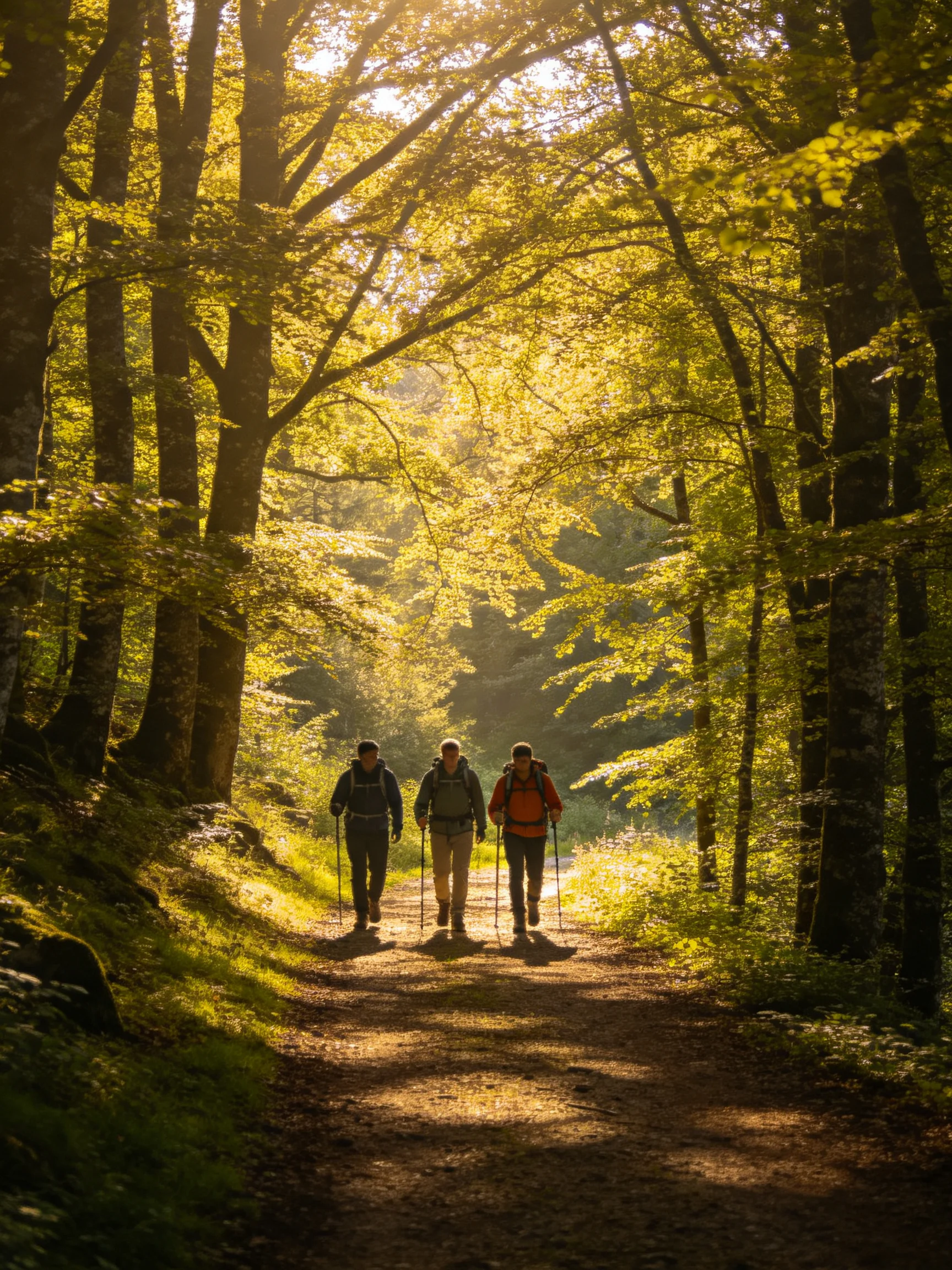 Three hikers trek along a sun-dappled forest path with tall trees