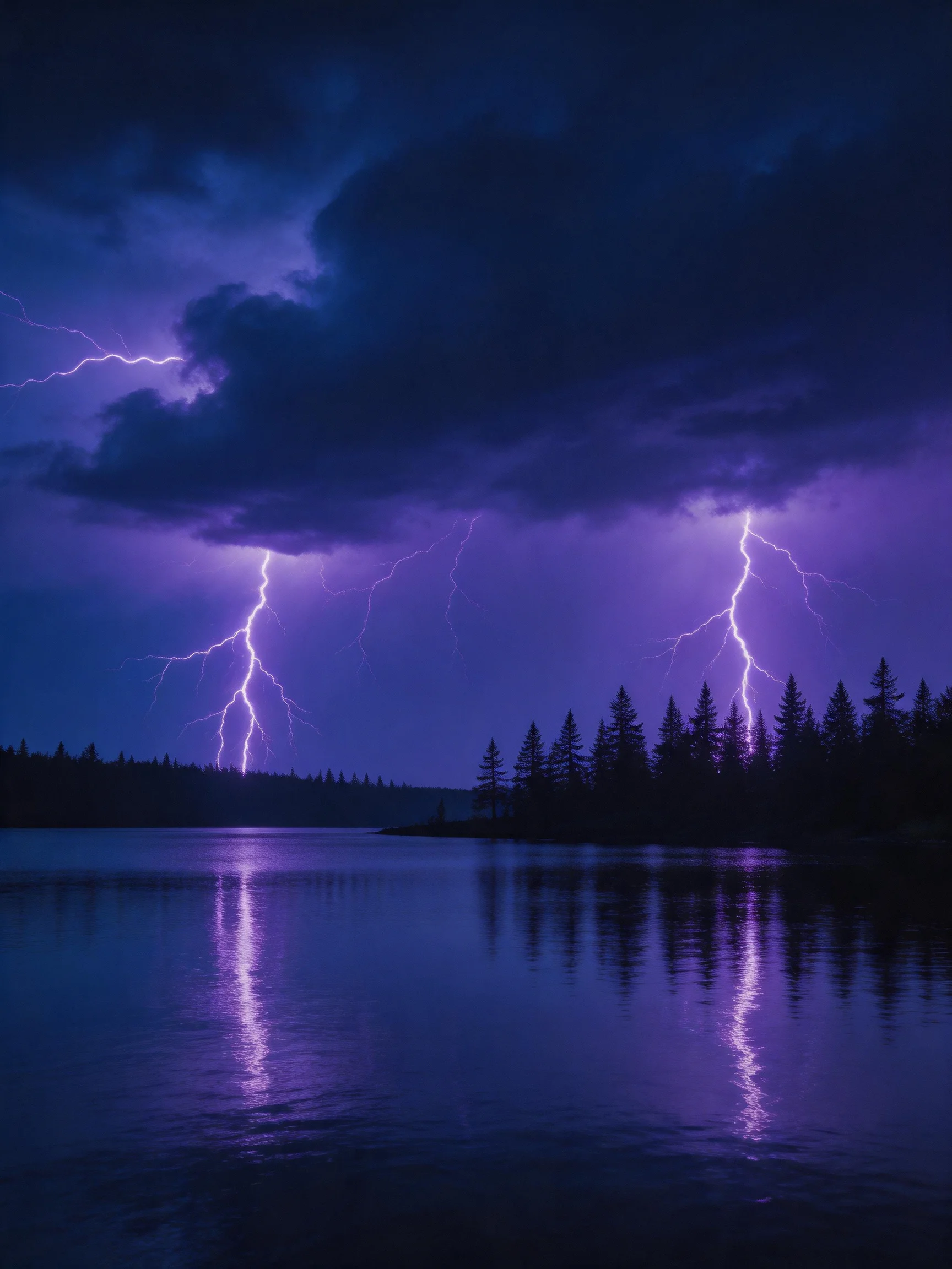 Three lightning bolts illuminate a dark purple stormy sky over a serene lake