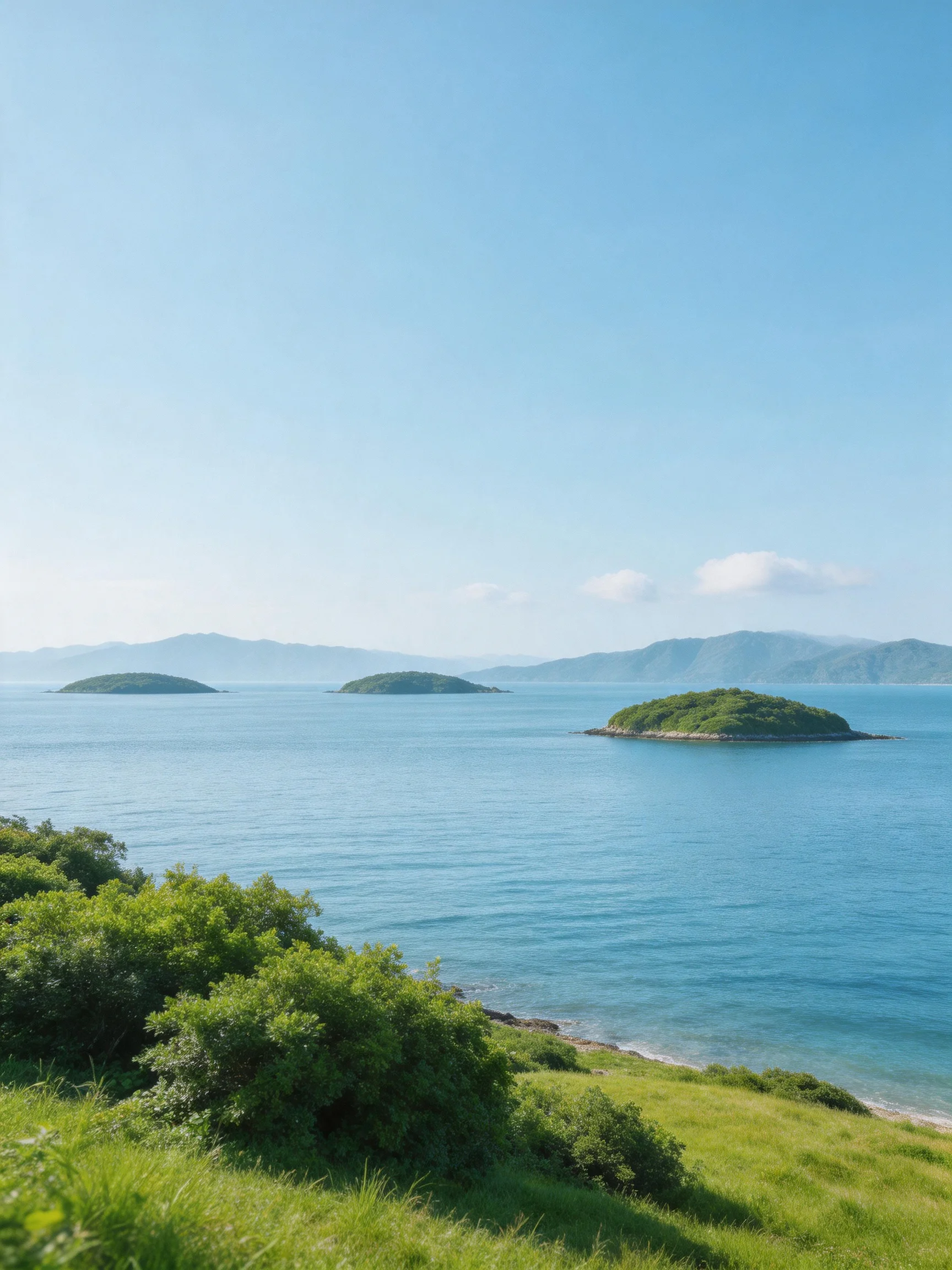 Three lush islands float in calm blue waters near green shorelines