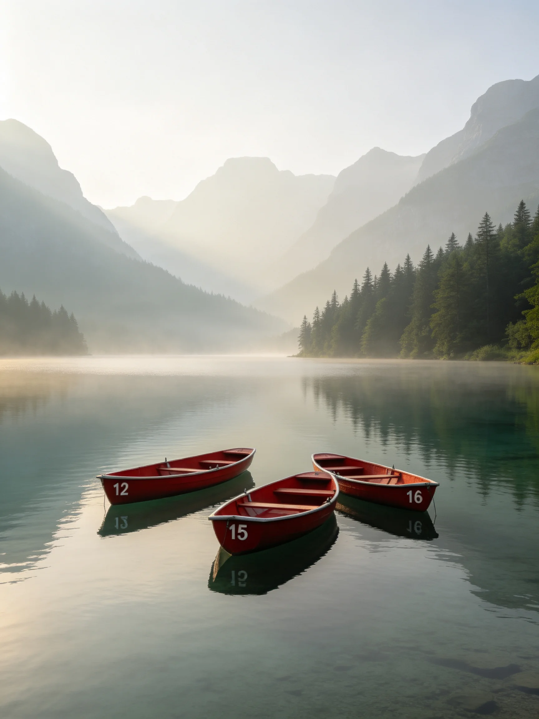 Three numbered red boats float on a misty mountain lake