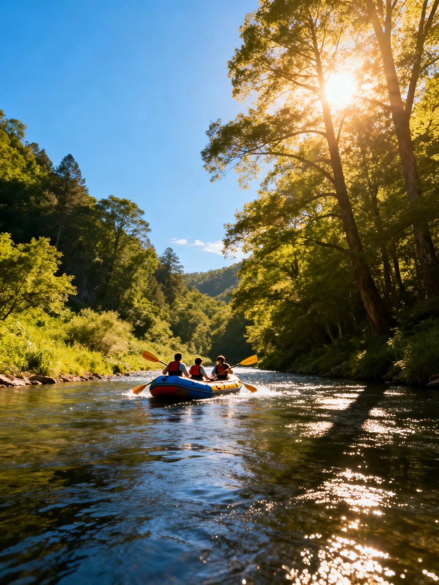 Three people rafting down a sunlit forest river