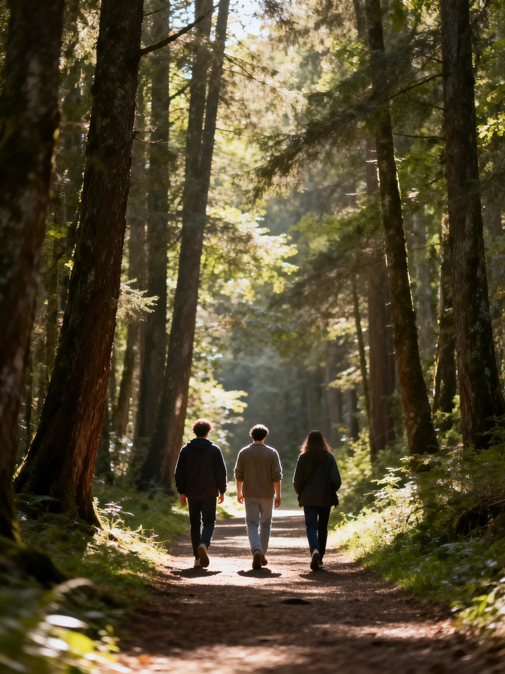 Three people walk along a sun-dappled forest path with tall trees