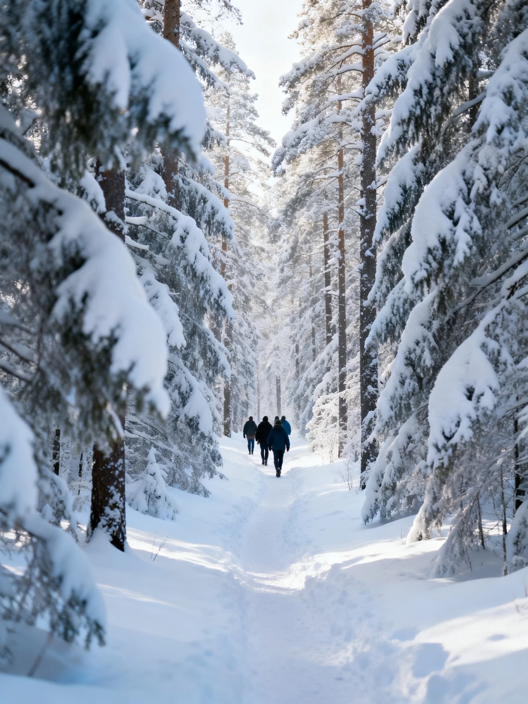 Three people walk through a snow-covered forest path lined with tall evergreens