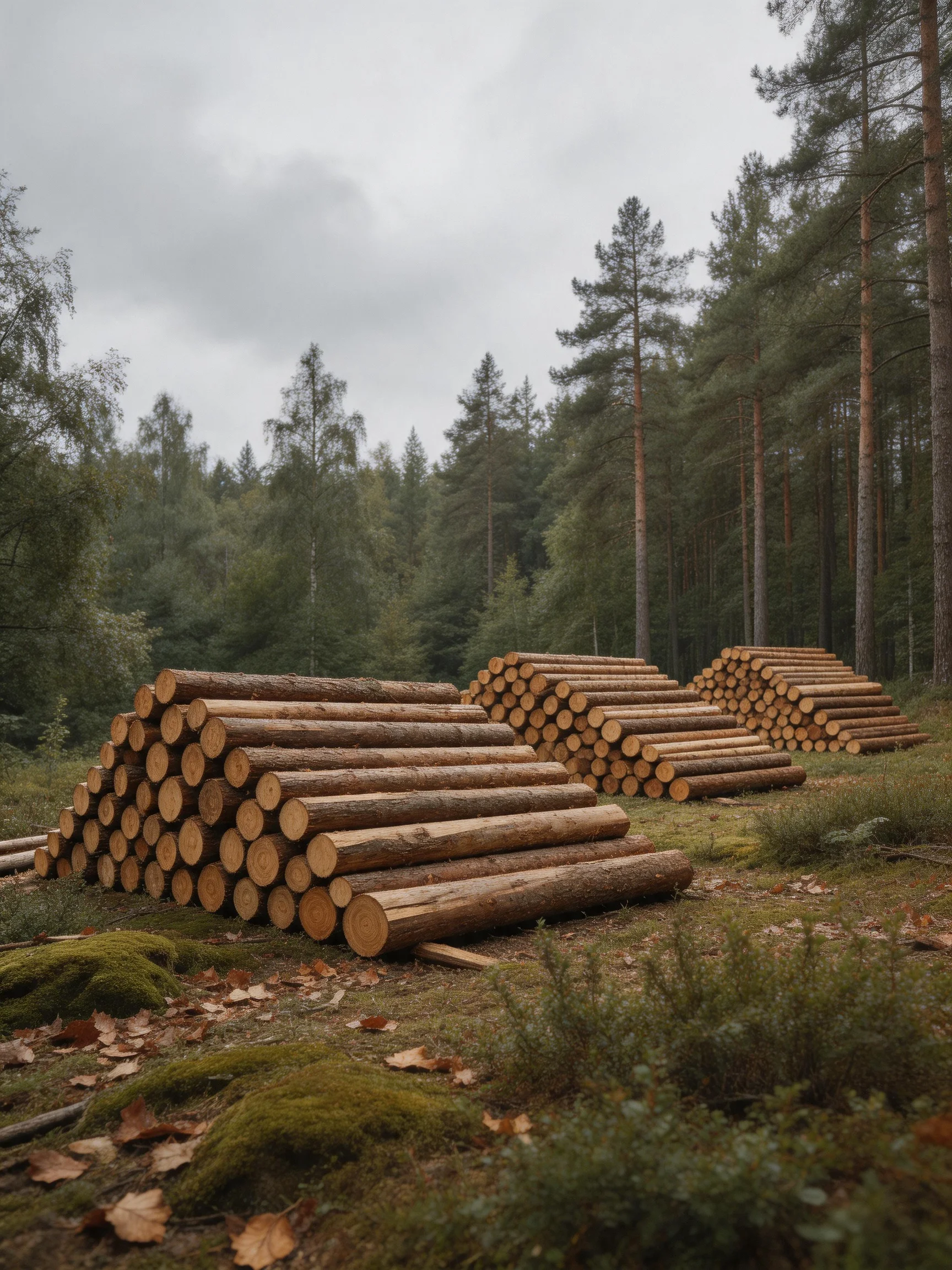 Three pyramid - shaped piles of cut logs in a misty forest clearing