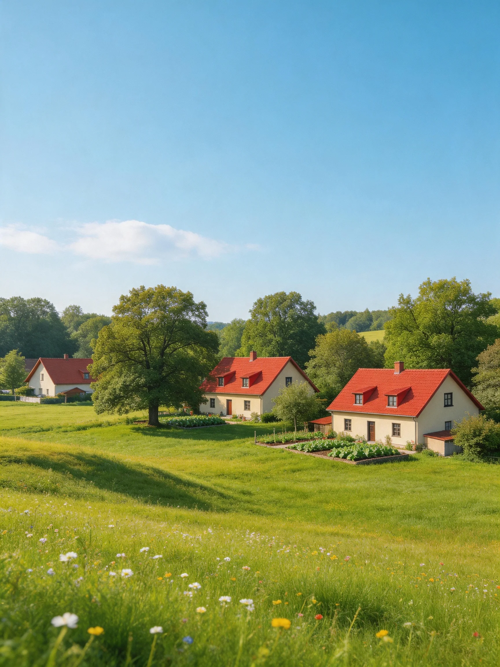 Three red-roofed cottages in a verdant countryside setting