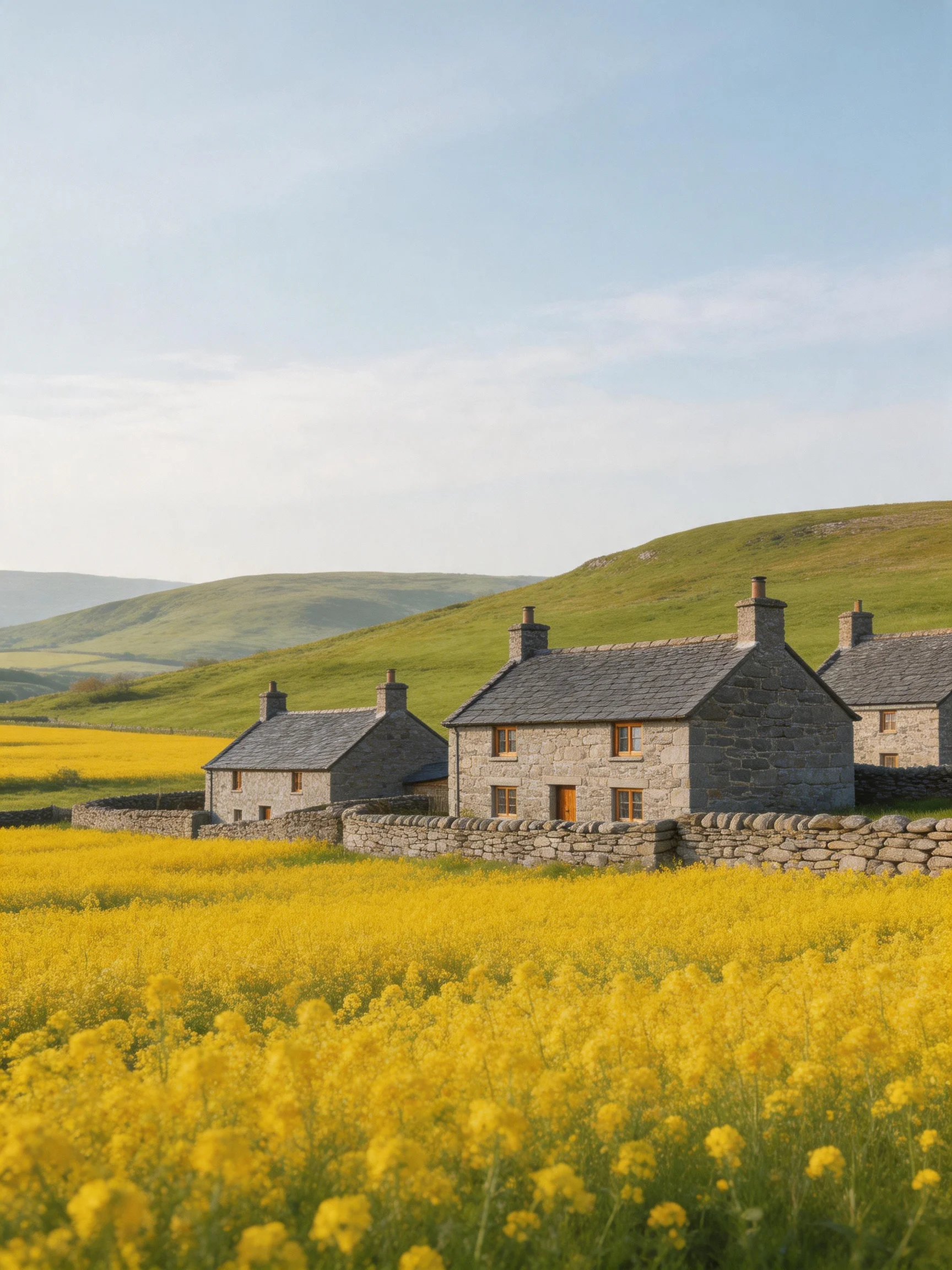 Three stone cottages near a sprawling yellow field with green hills