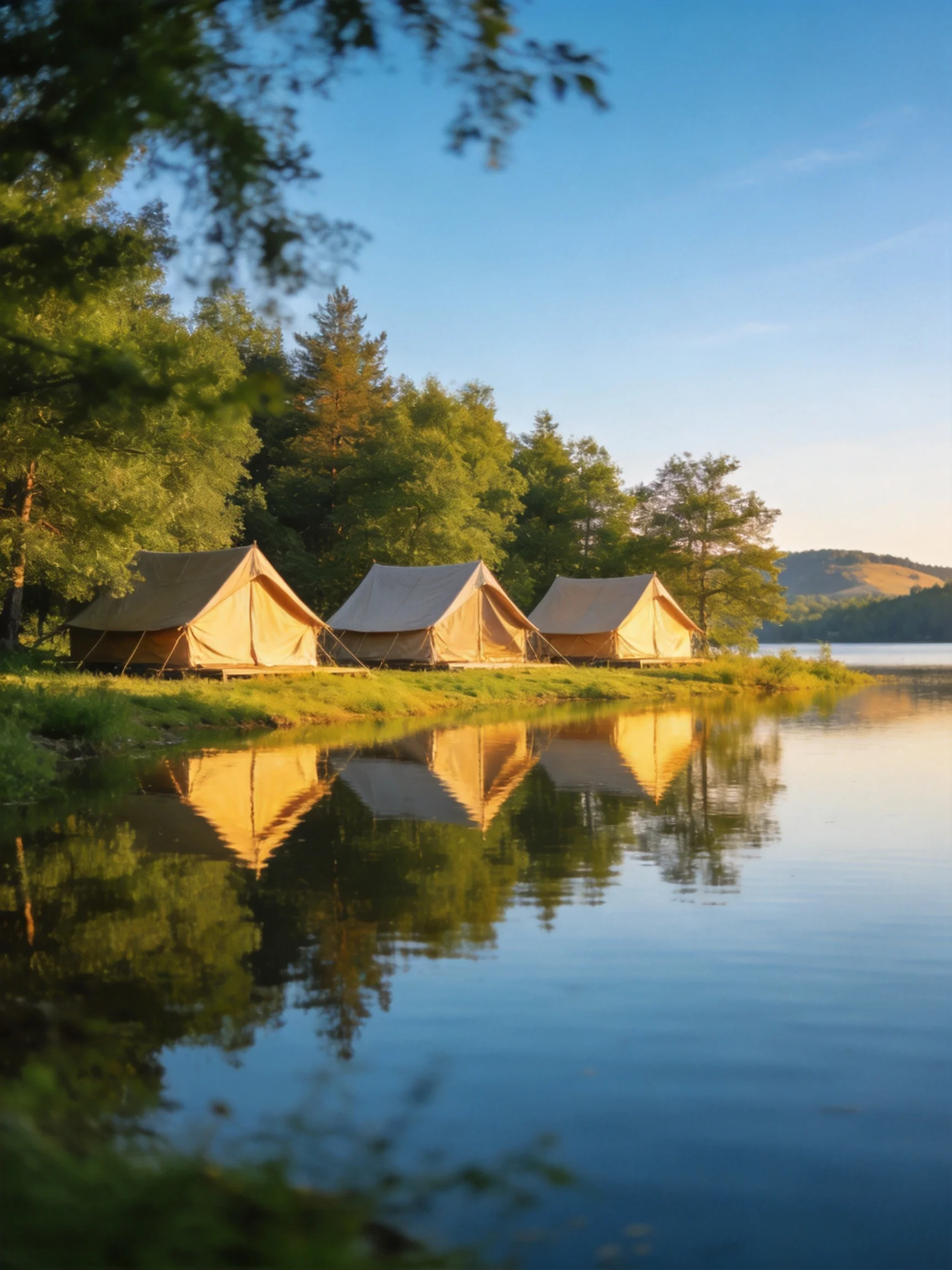 Three tents reflect in calm water beside forested shore