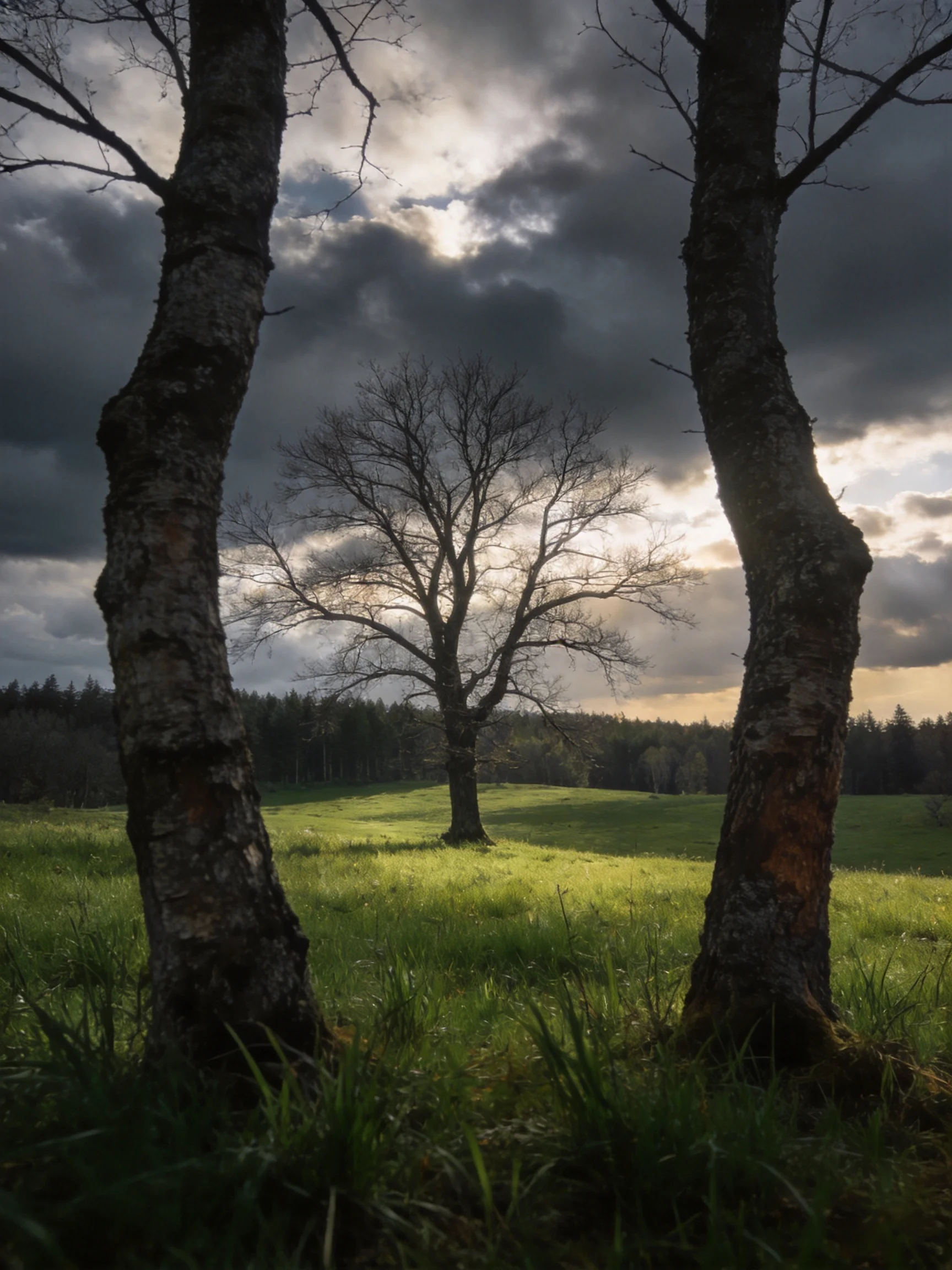 Three trees frame a bare tree in a sunlit meadow with stormy sky