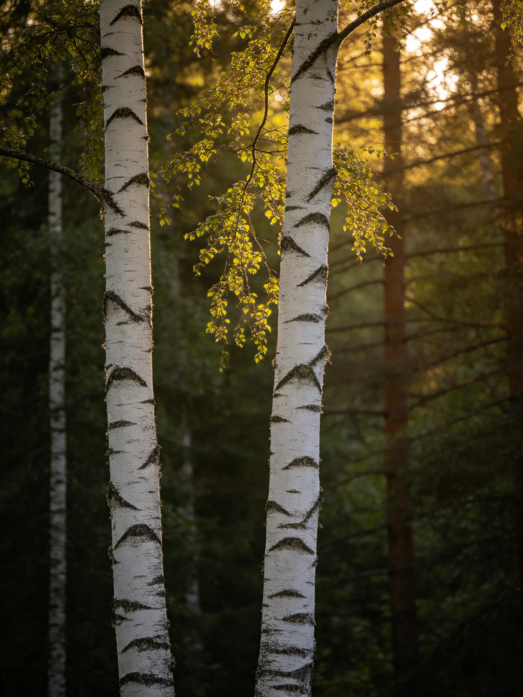 Three white-barked birches glow amid golden forest light
