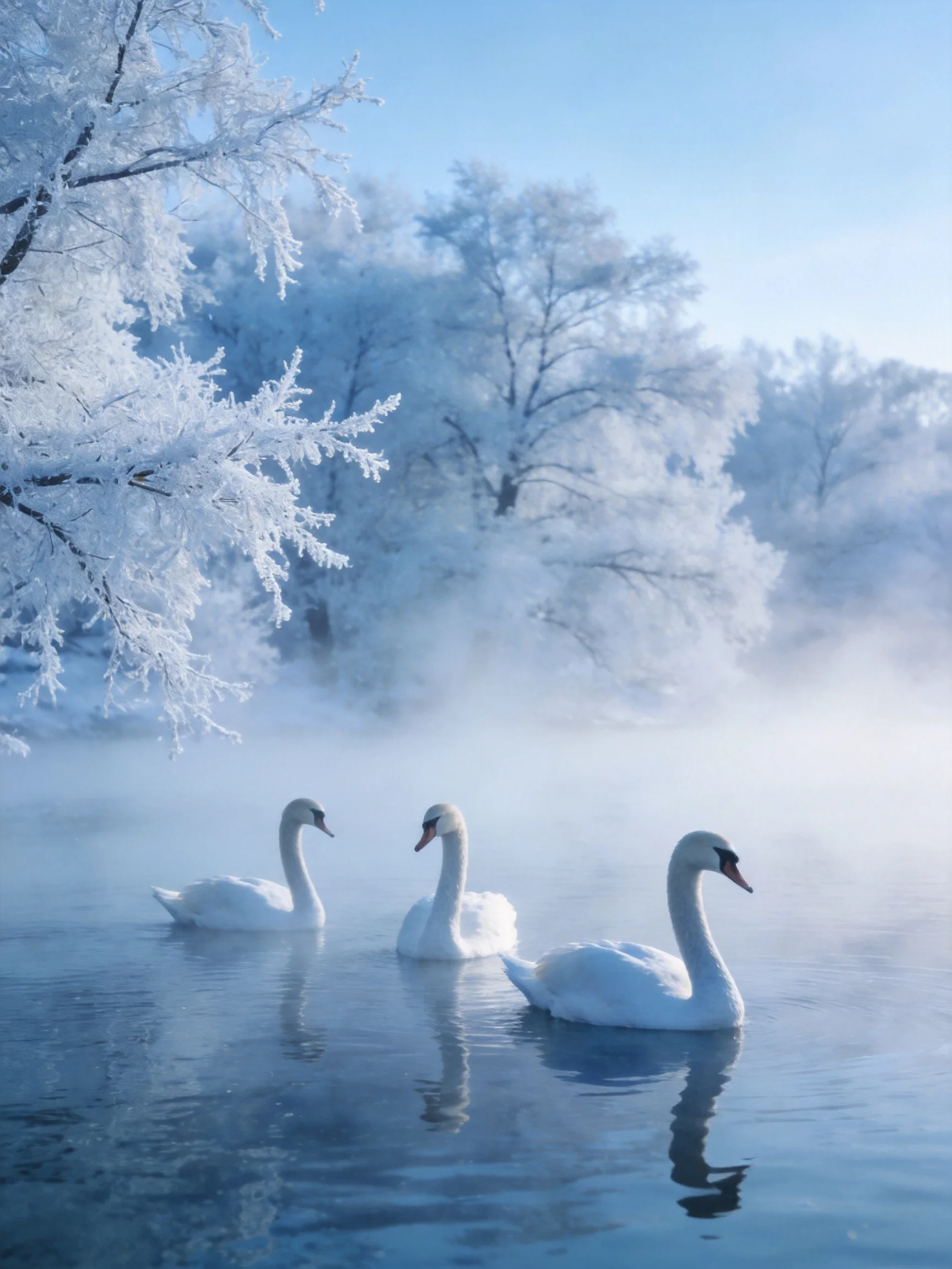 Three white swans glide through icy waters among frost-covered trees