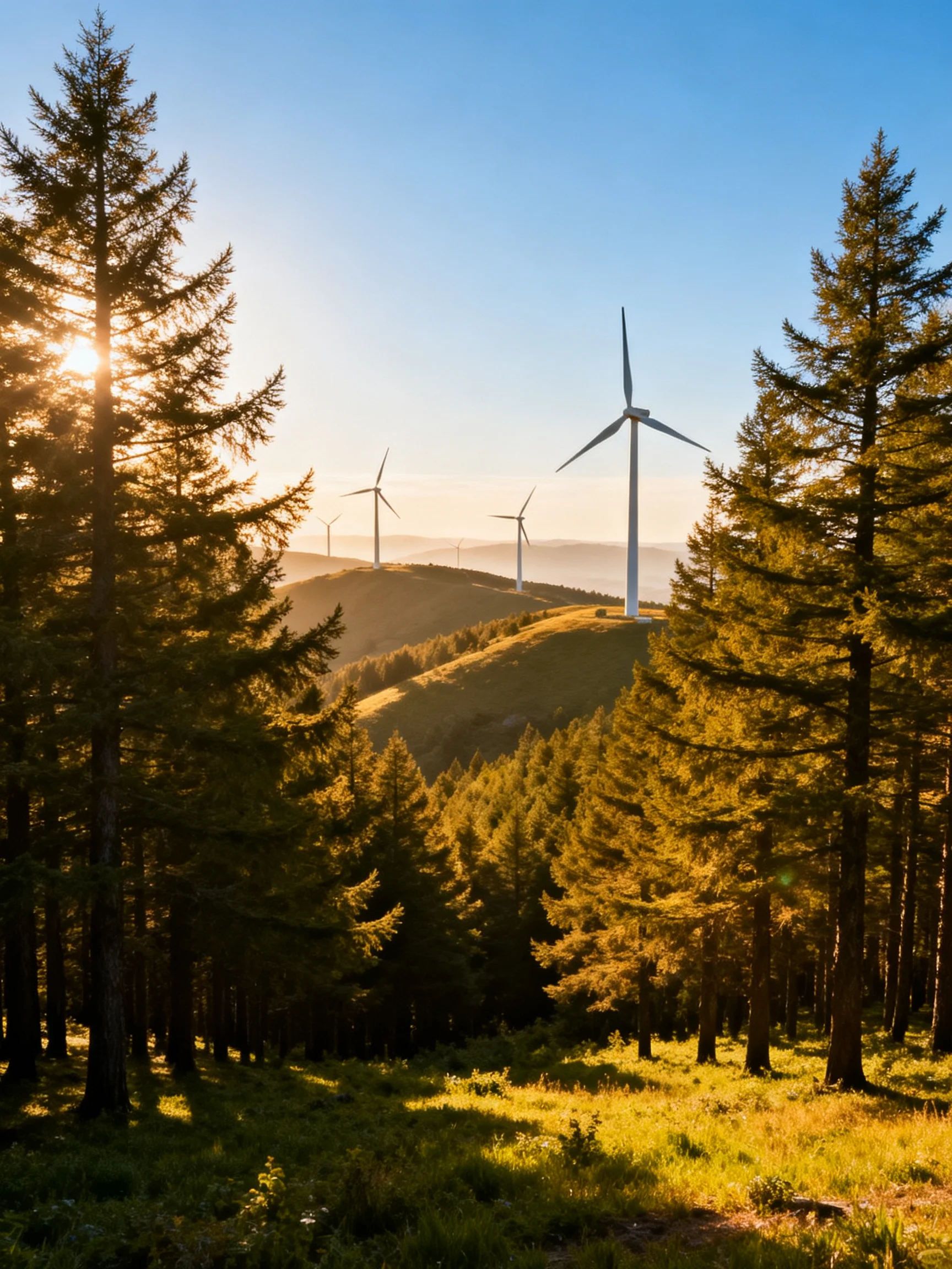 Three wind turbines on sunlit hills surrounded by evergreen forests