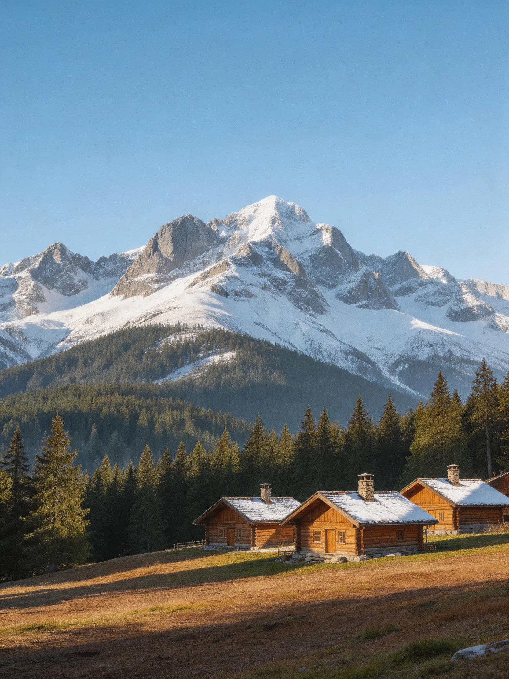 Three wooden cabins near snow-capped mountains with dense pine forests