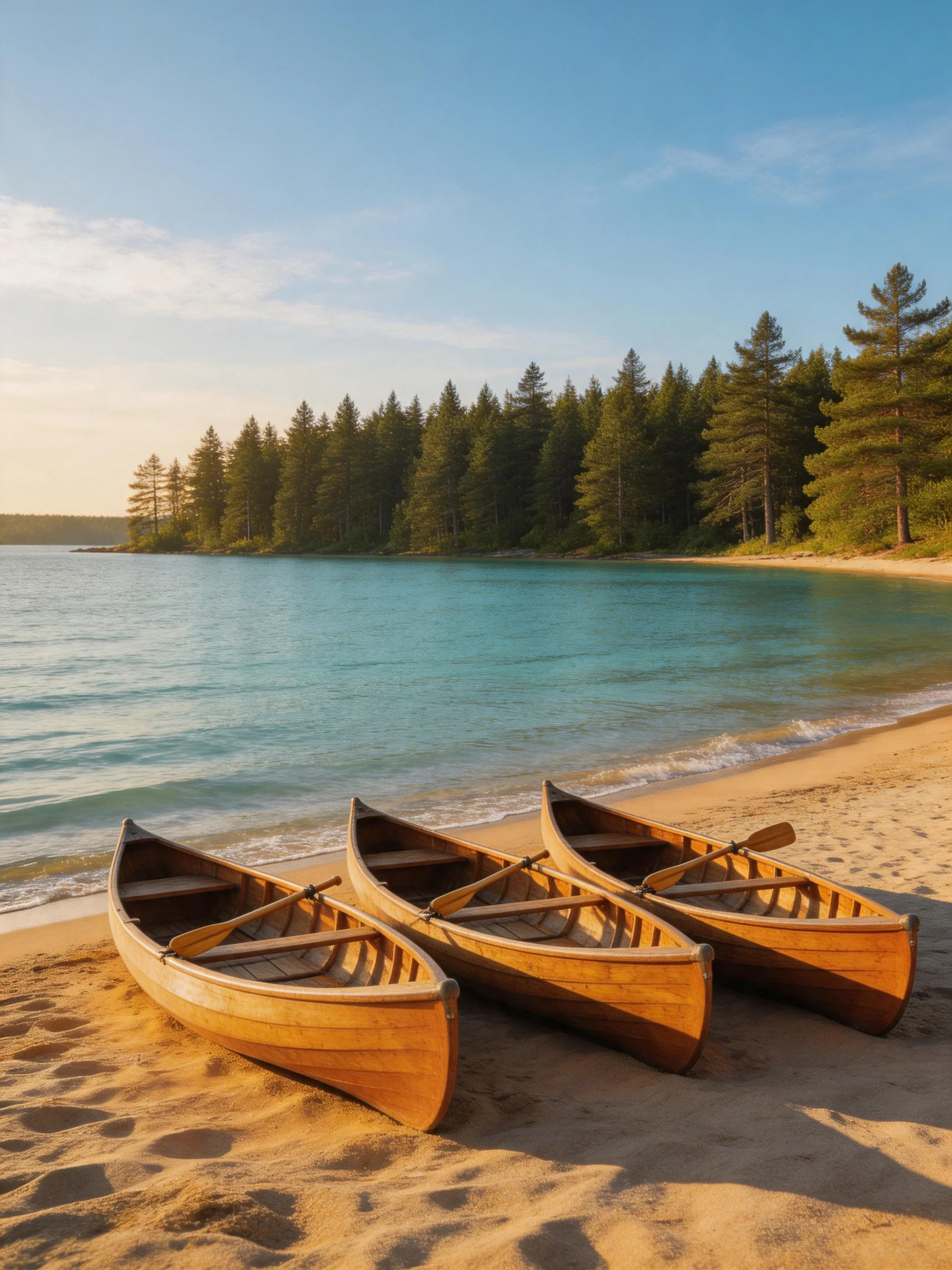 Three wooden canoes rest on a golden sandy shore beside turquoise waters