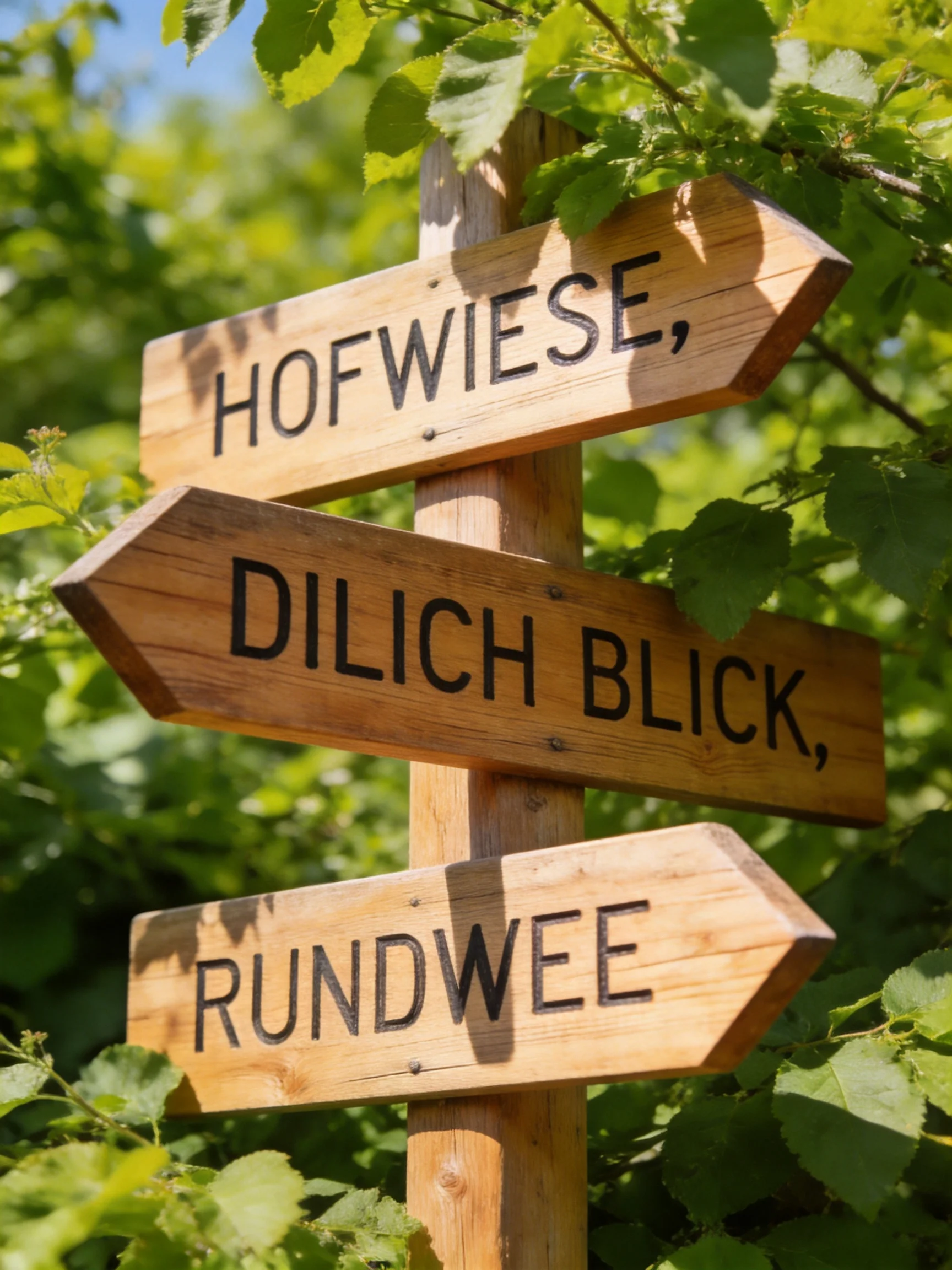 Three wooden directional signs with German text in a leafy area