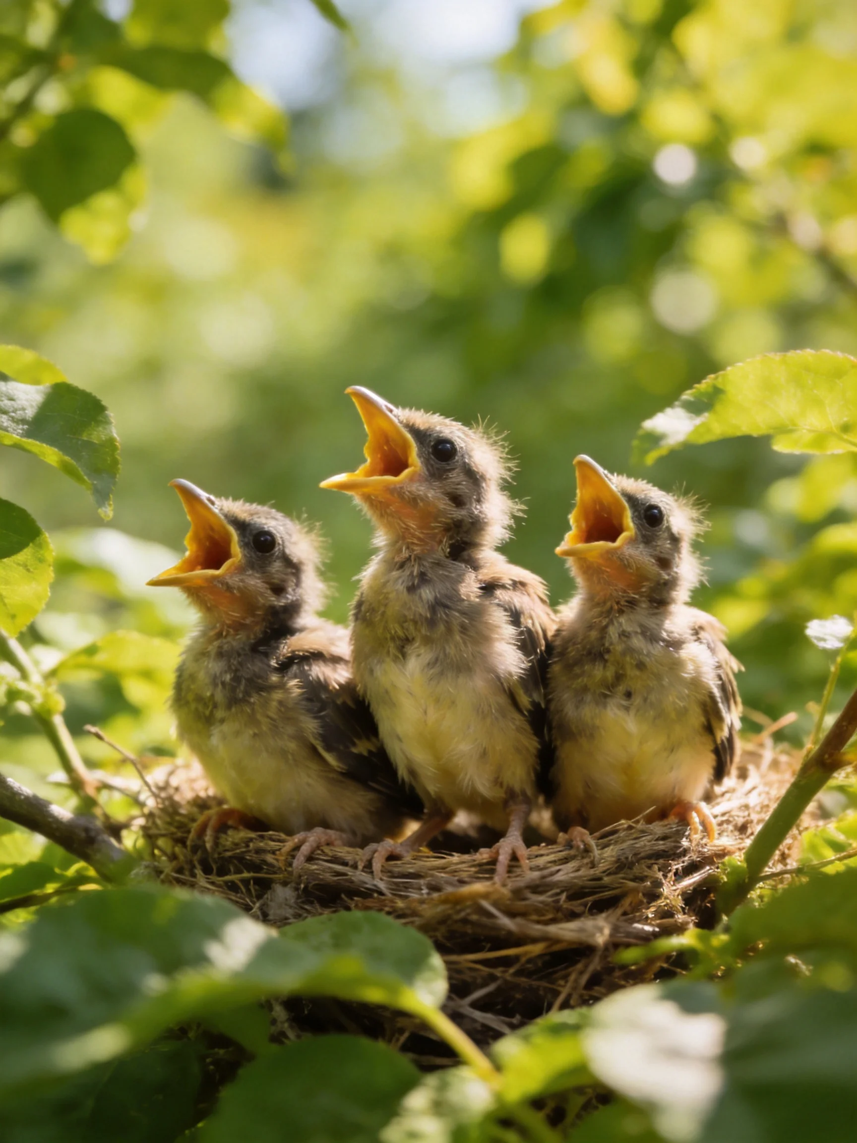 Three young birds in an open-mouthed nest amid lush green foliage