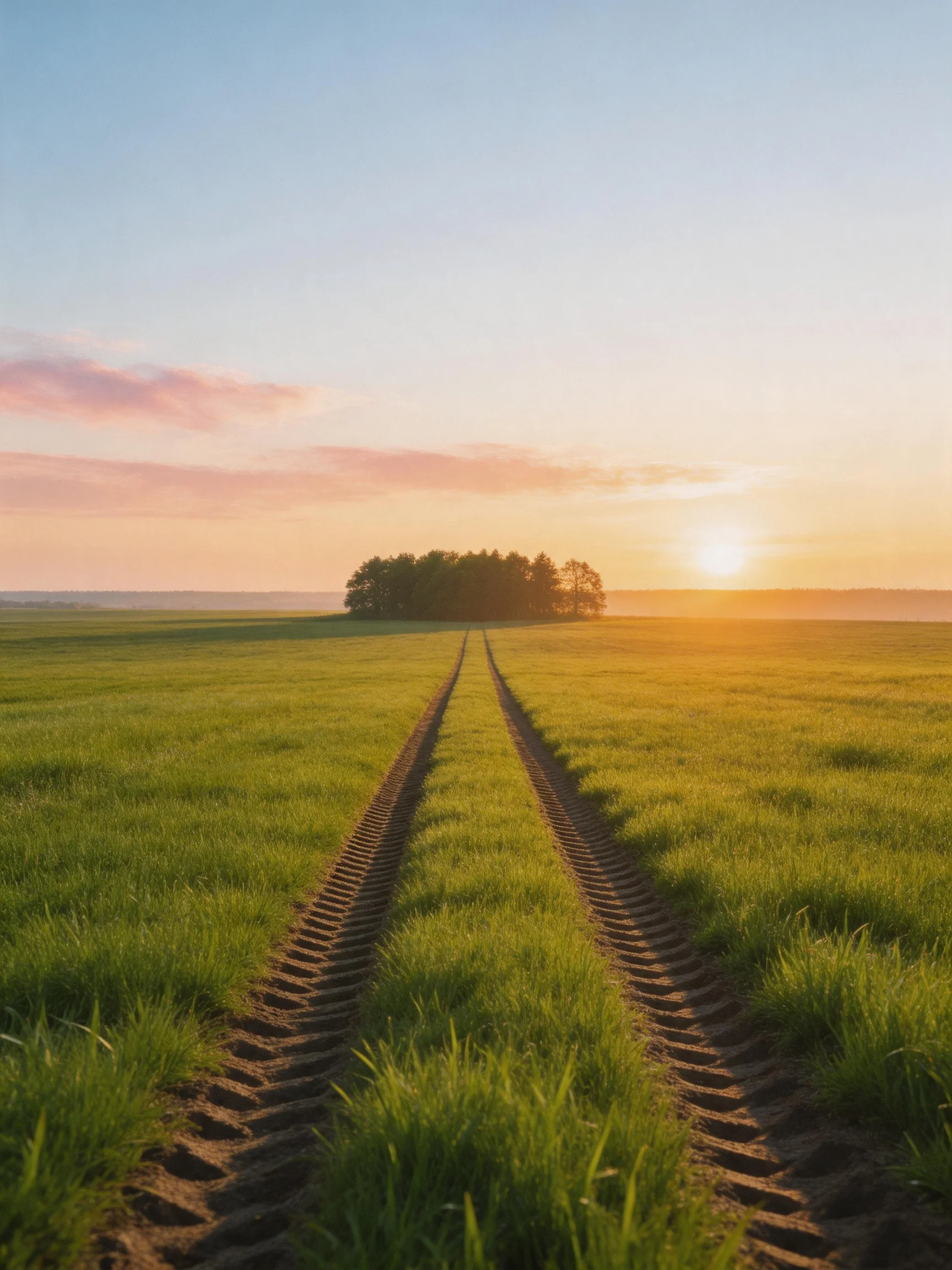 Tire tracks lead through green field toward sunset trees